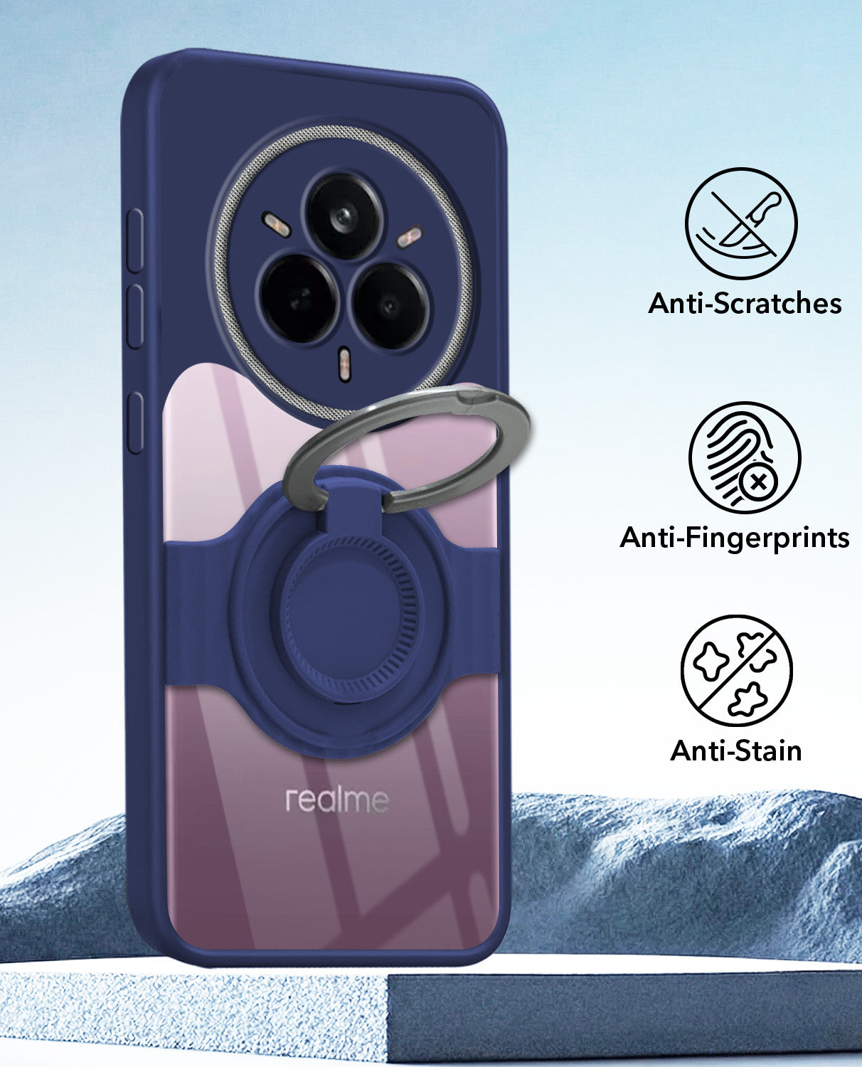 For Realme 14 Pro Back Cover Case with stand (Built-in Ring Holder Kickstand | Lifetime Anti Yellow | Camera Protection)