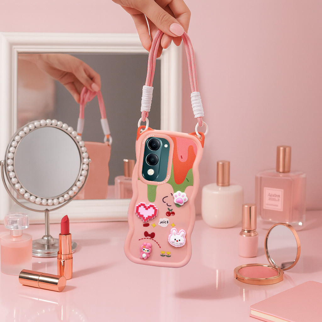 For Vivo Y19 | Vivo Y19e | Vivo T4 Lite Back Case Cover Strap (3D Embossed Figures | Strap Holder | 360* Soft Cushion with Camera Bump)