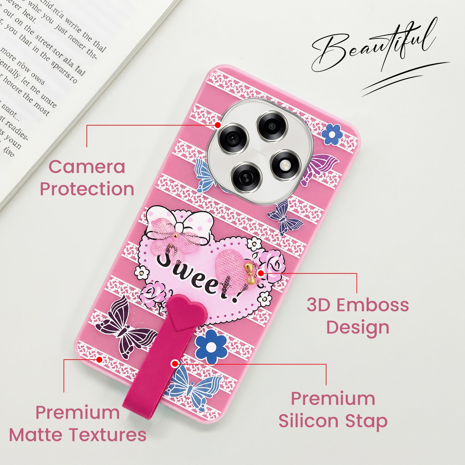 For Oppo F31 Pro Back Cover Case (3D Cute Heart Strap Holder | Camera Protection | Designer Girls Print)