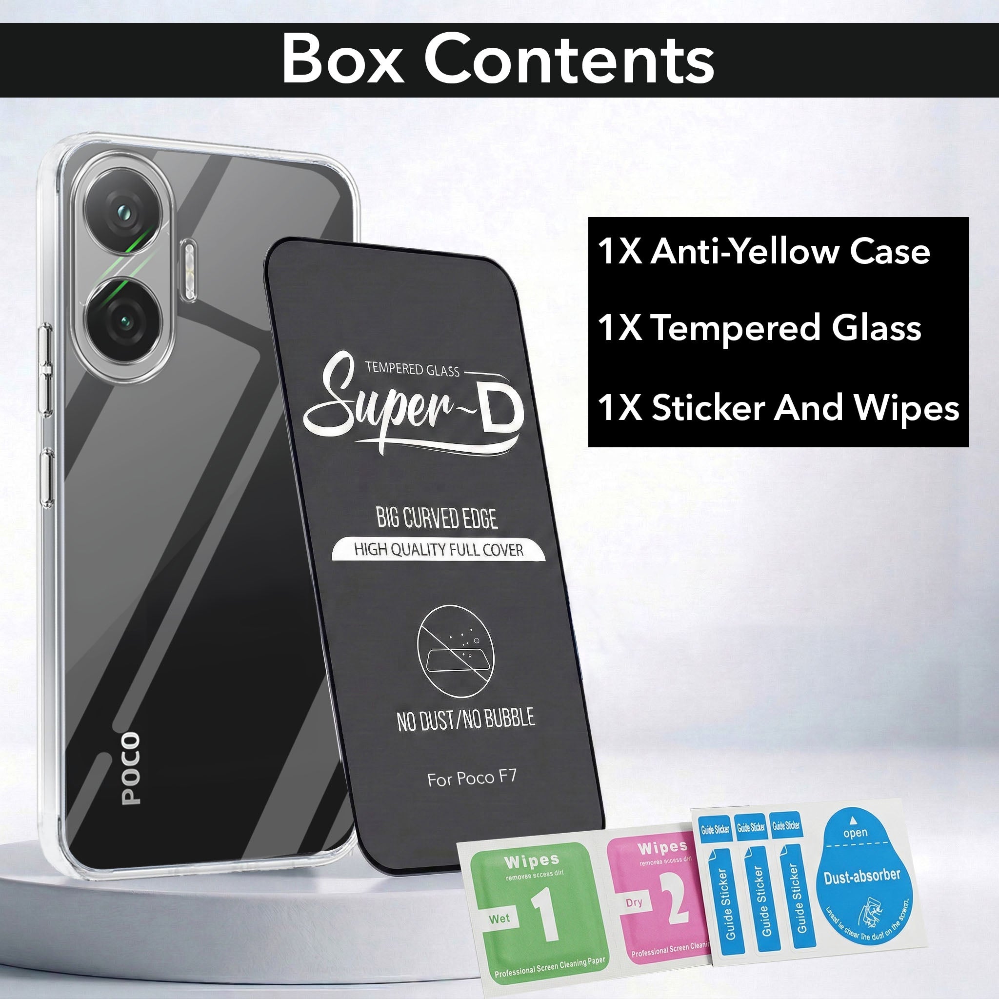 For Xiaomi Poco F7 5G Combo with Back Cover and 9H Tempered Glass ( Lifetime Anti-Yellow | Sleek Hard Crystal | Oleophobic Coating Screen Glass)