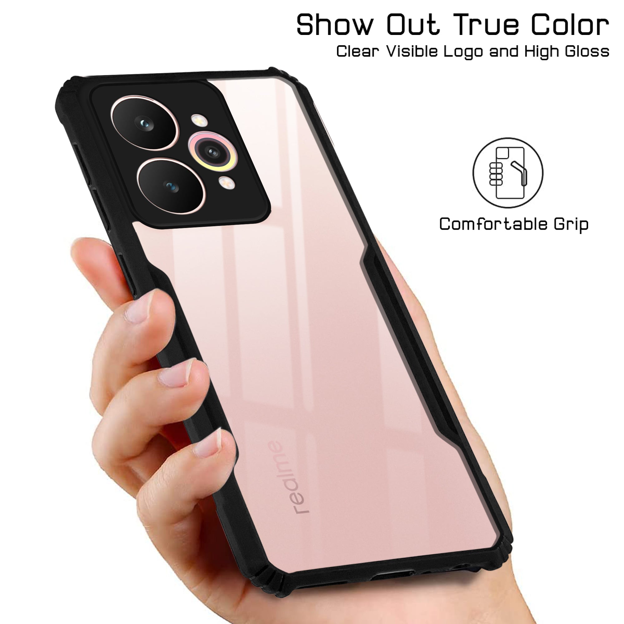 For Realme 15 Back Cover Case Hybrid (Shockproof with Polycarbonate Clear Panel | Professional Black)