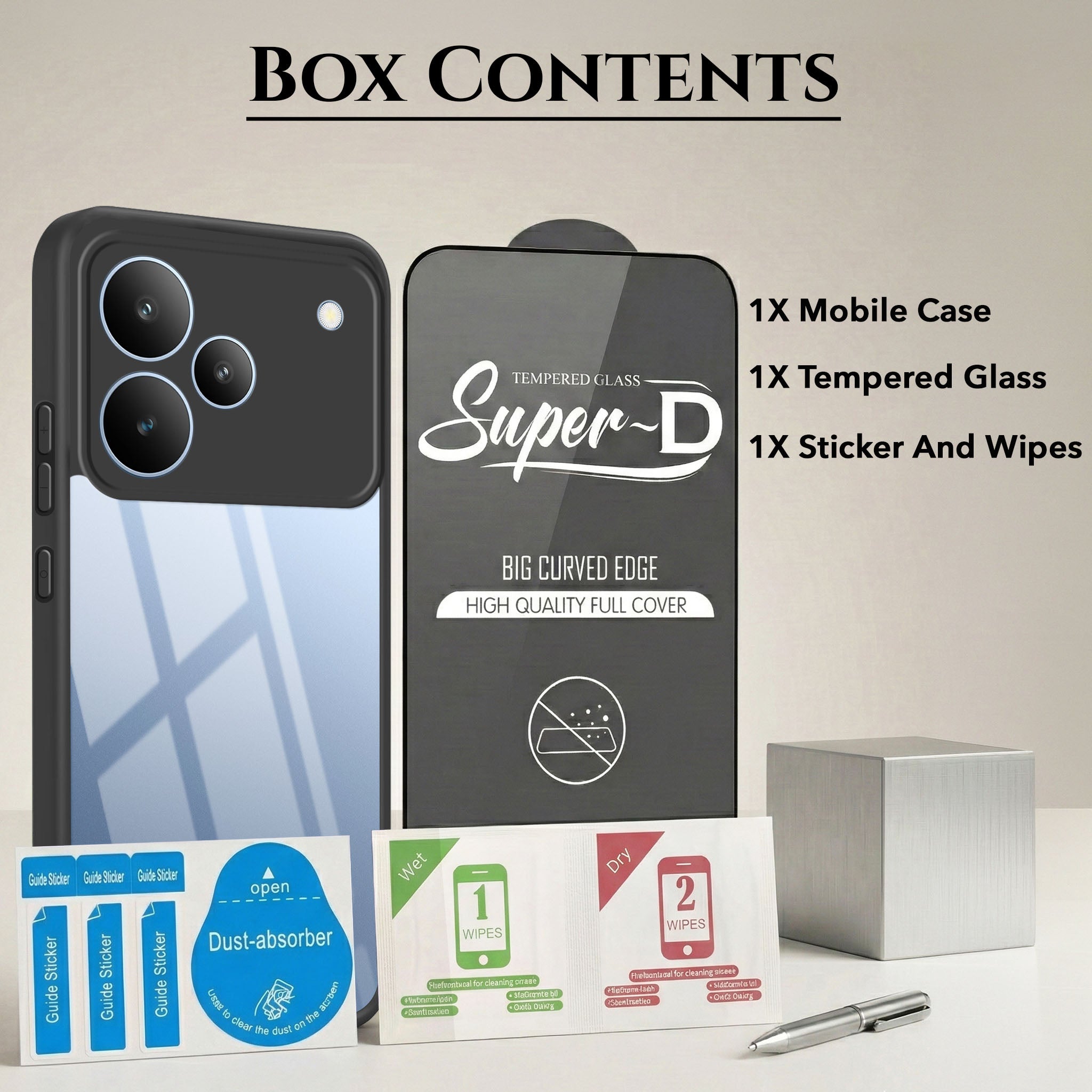 For Realme P4 Combo with Back Cover and 9H Tempered Glass (Lifetime Anti-Yellow | Sleek Hard Crystal | Oleophobic Coating Screen Glass)