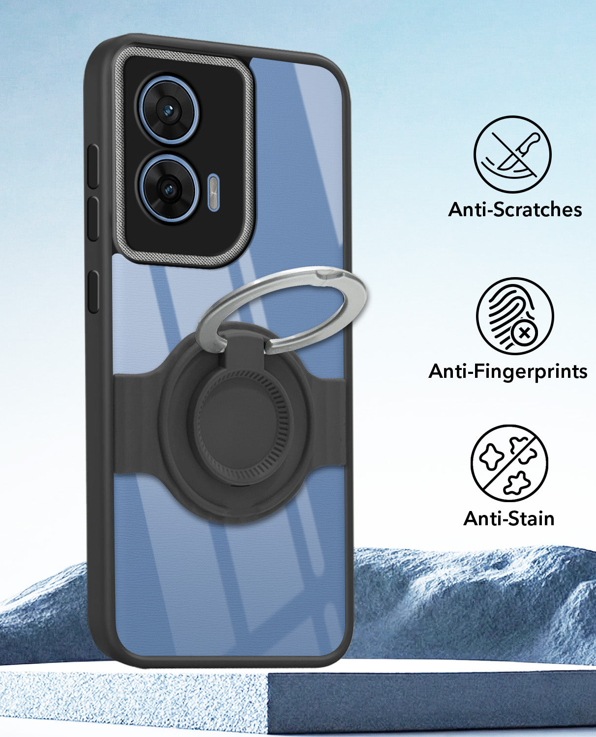 For Motorola Moto G96 Back Cover Case with stand (Built-in Ring Holder Kickstand | Lifetime Anti Yellow | Camera Protection)