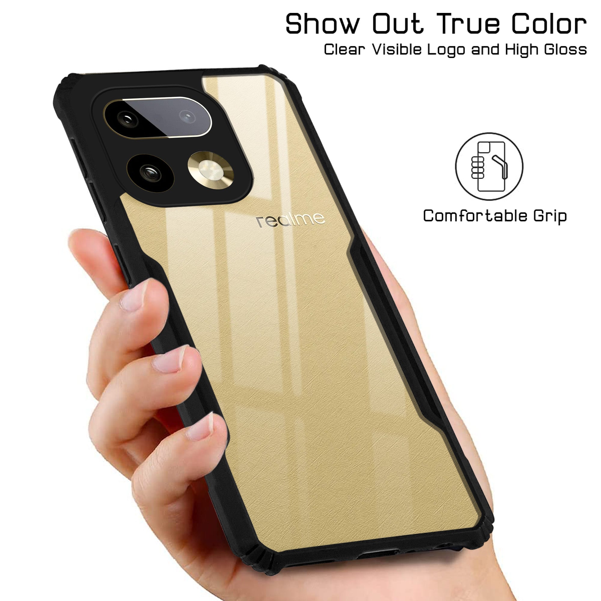 For Realme 16 Pro Plus 5G Back Cover Case Hybrid (Shockproof with Polycarbonate Clear Panel | Professional Black)