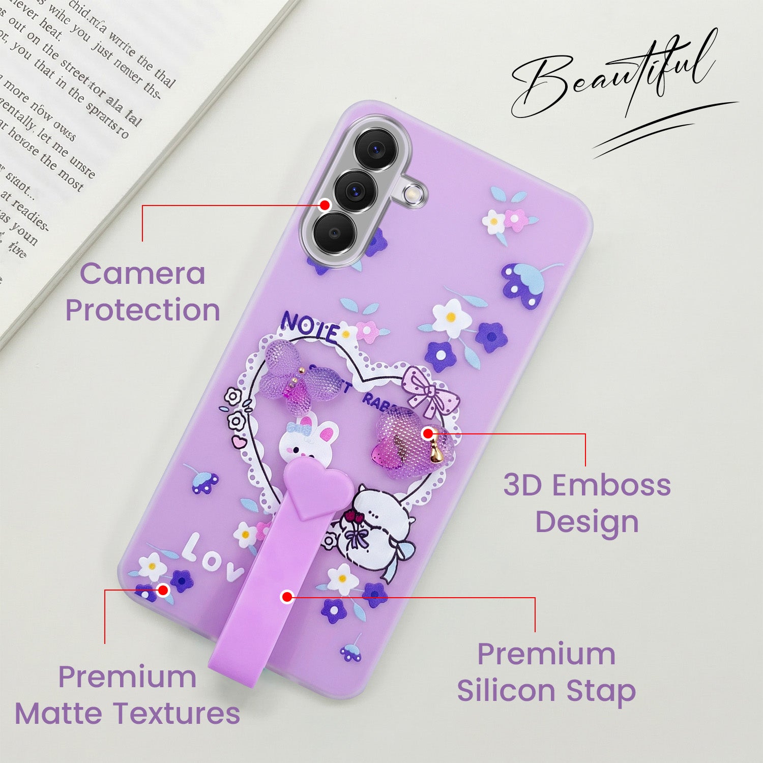 For Samsung Galaxy A37 5G Back Cover Case (3D Cute Heart Strap Holder | Camera Protection | Designer Girls Print)