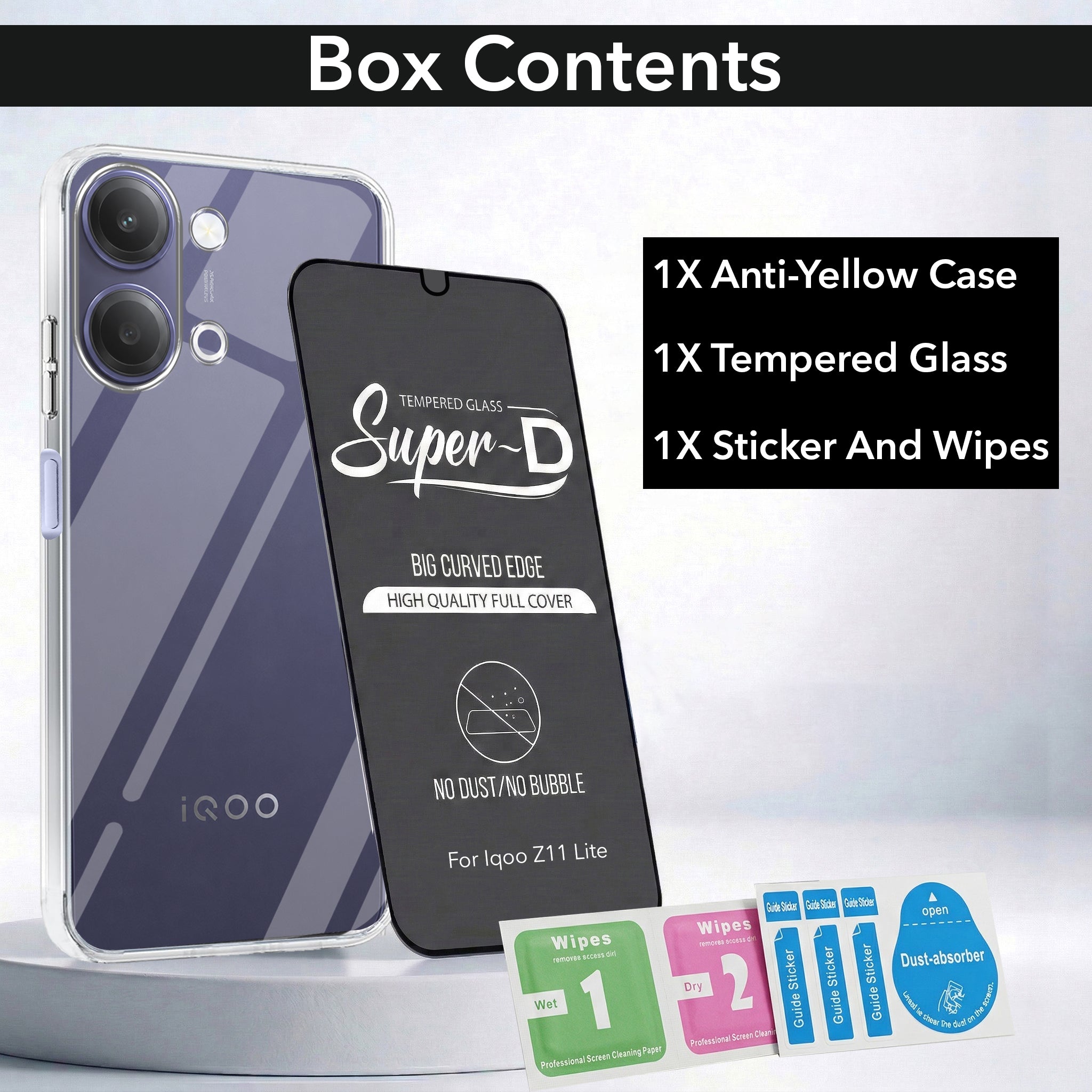For Vivo iQOO Z11 Lite Combo with Back Cover and 9H Tempered Glass (Lifetime Anti-Yellow | Sleek Hard Crystal | Oleophobic Coating Screen Glass)