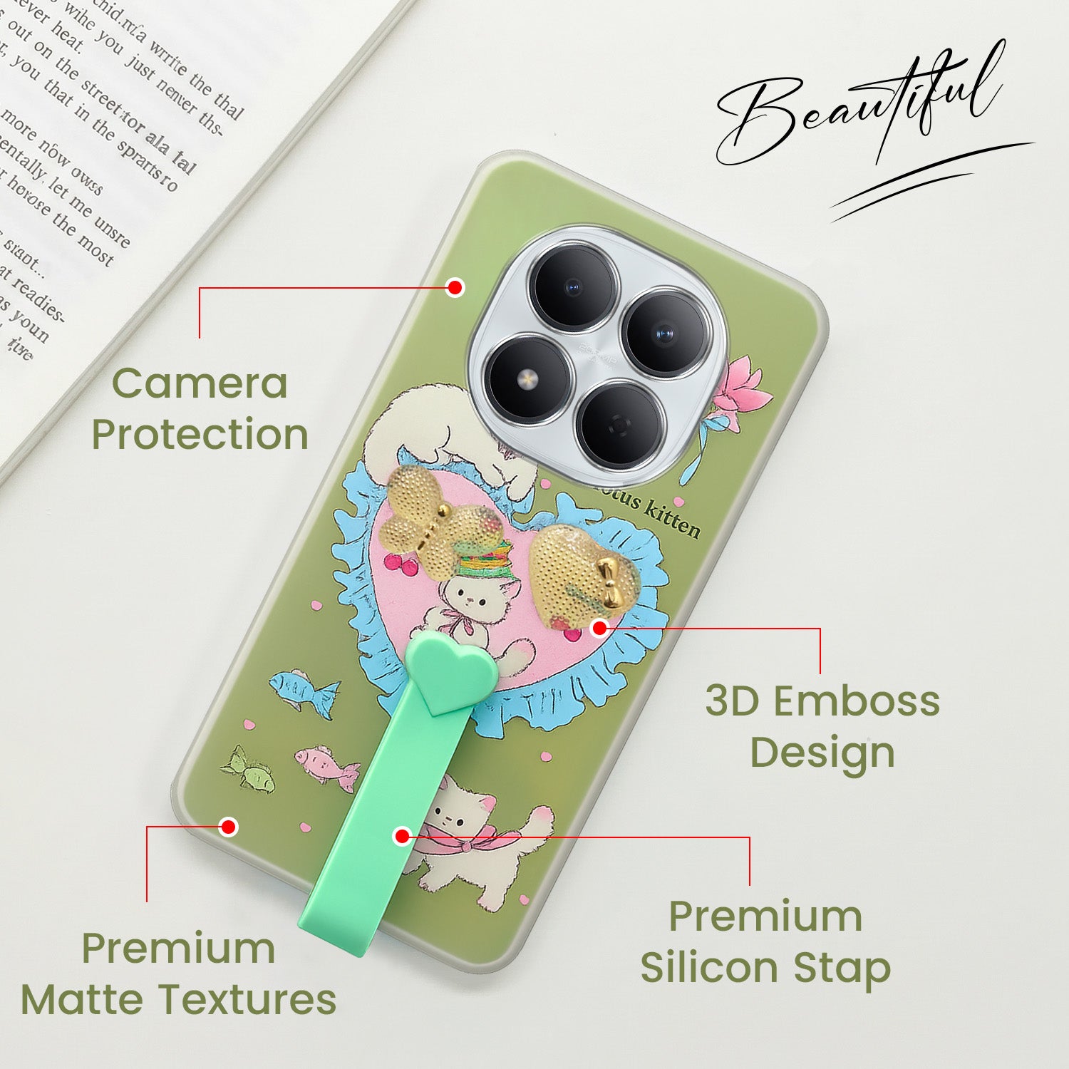 For Xiaomi Redmi Note 15 Pro 5G Back Cover Case (3D Cute Heart Strap Holder | Camera Protection | Designer Girls Print)