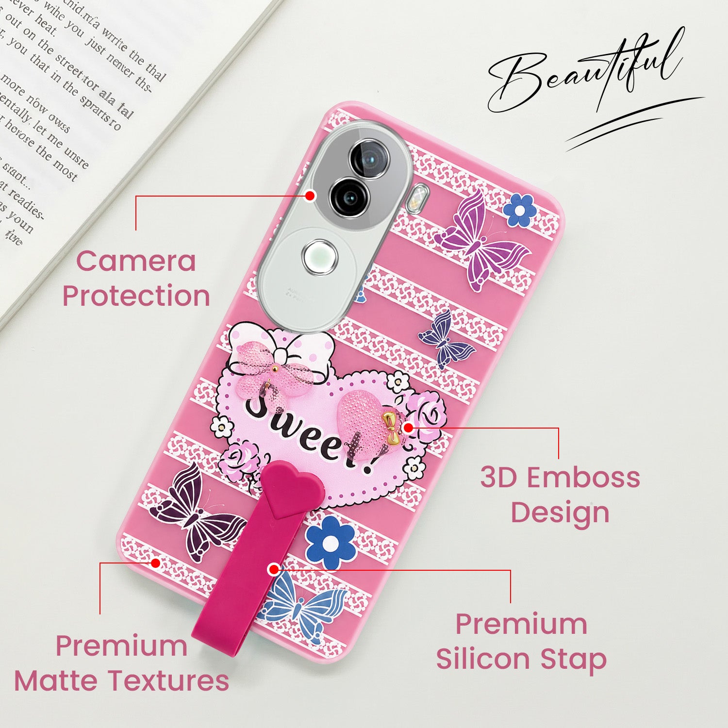For Vivo iQOO Z9s Back Cover Case (3D Cute Heart Strap Holder | Camera Protection | Designer Girls Print)