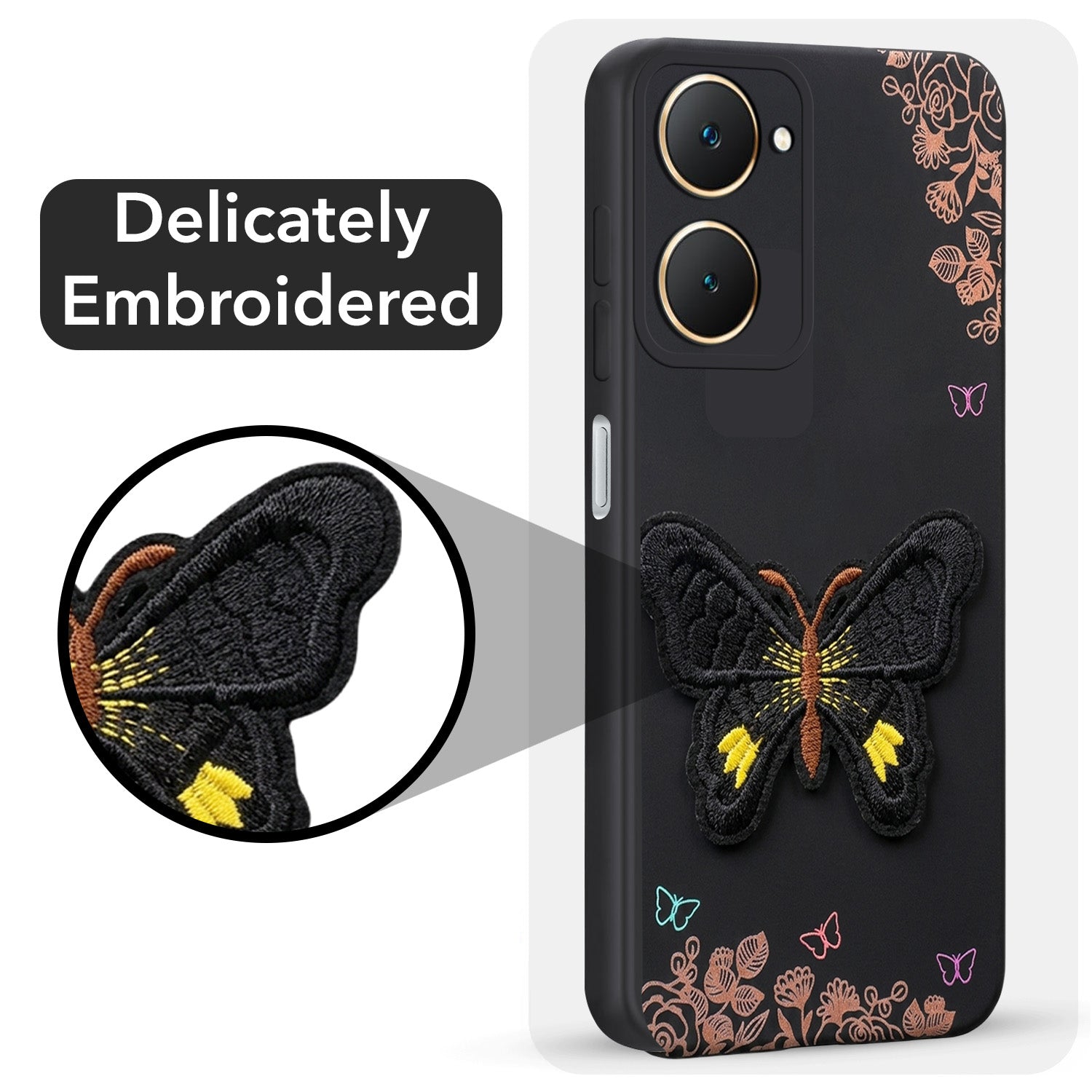 For Vivo Y18 | Vivo Y18e | Vivo Y03 | Vivo Y18i | Vivo Y18T Back Cover Case (Soft Butterfly Embroidery | Women Teen Girls | Camera Protection| Matte Silicone)