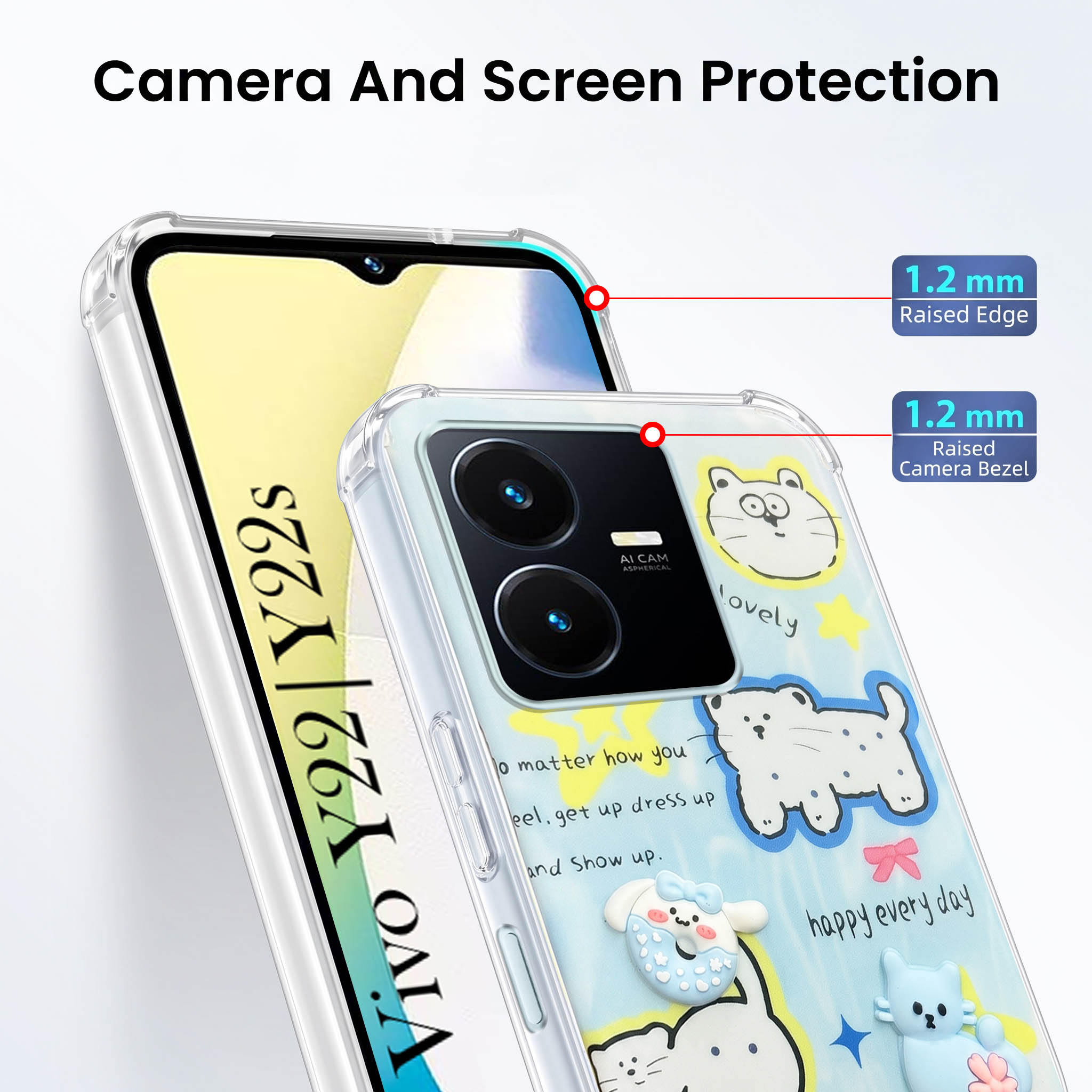 For Vivo Y22 | Vivo Y22s Back Cover Case (3D Cute Cartoons | Hard Back Side Soft | Matte Premium Finish | HD Printing)