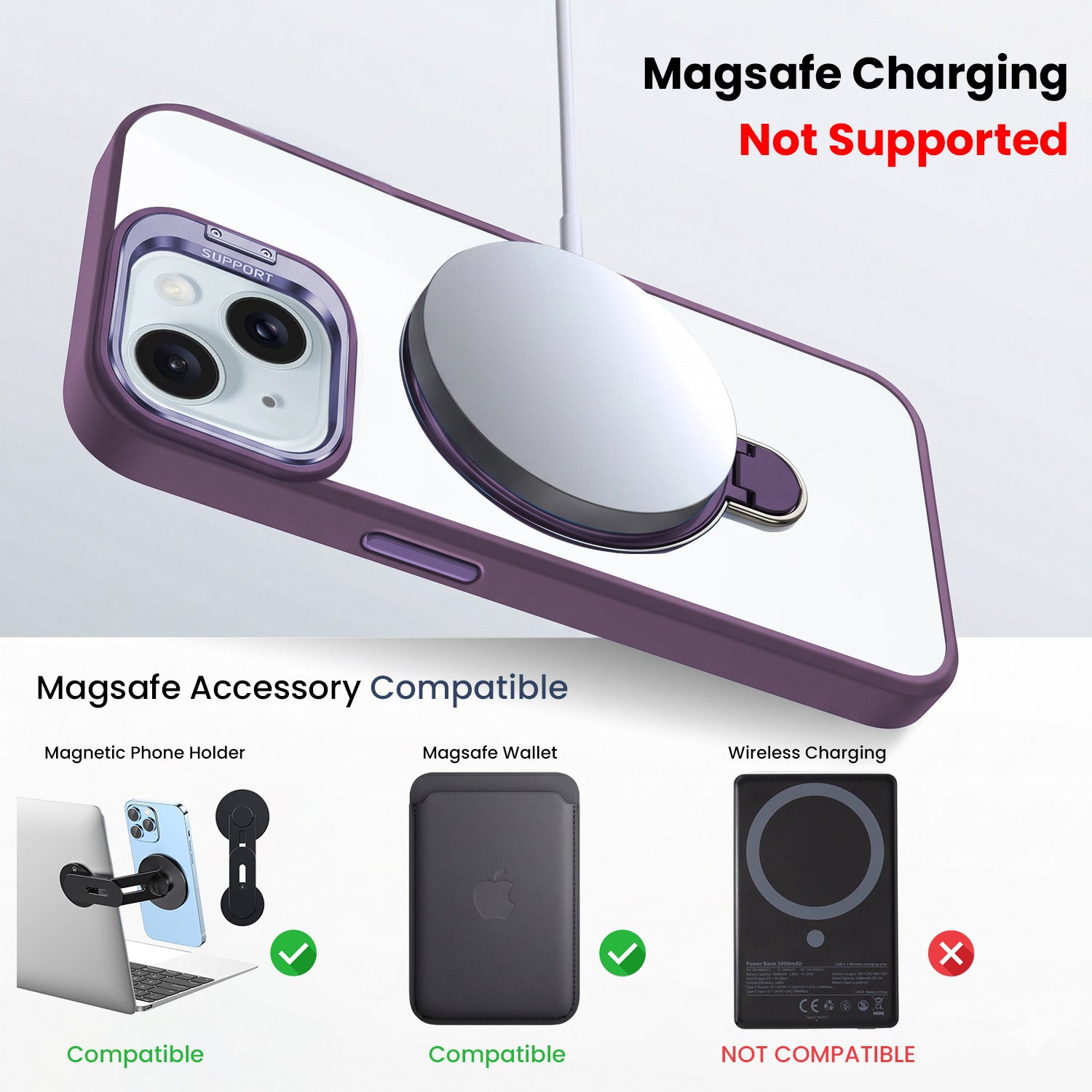 For Apple iPhone 15 Back Cover Case Crystal (Lifetime Anti Yellow | Magnetic Ring Stand | Camera Lens Protection | MagSafe Compatible)