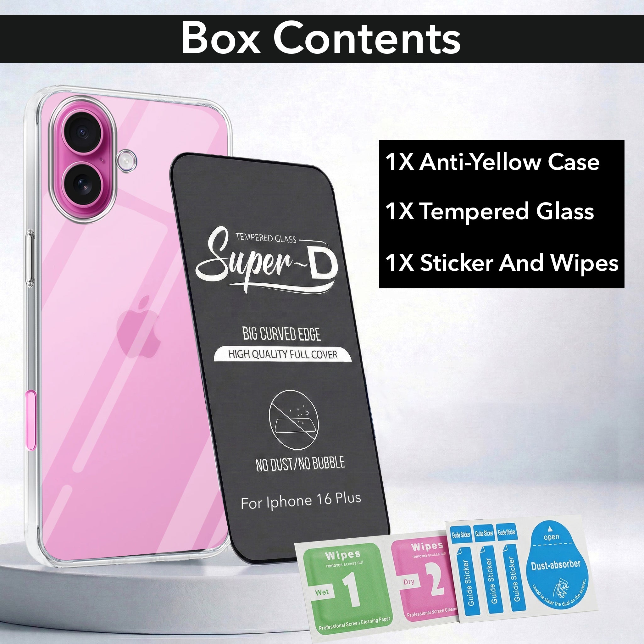 For Apple iPhone 16 Plus Combo with Back Cover and 9H Tempered Glass (Lifetime Anti-Yellow | Sleek Hard Crystal | Oleophobic Coating Screen Glass)
