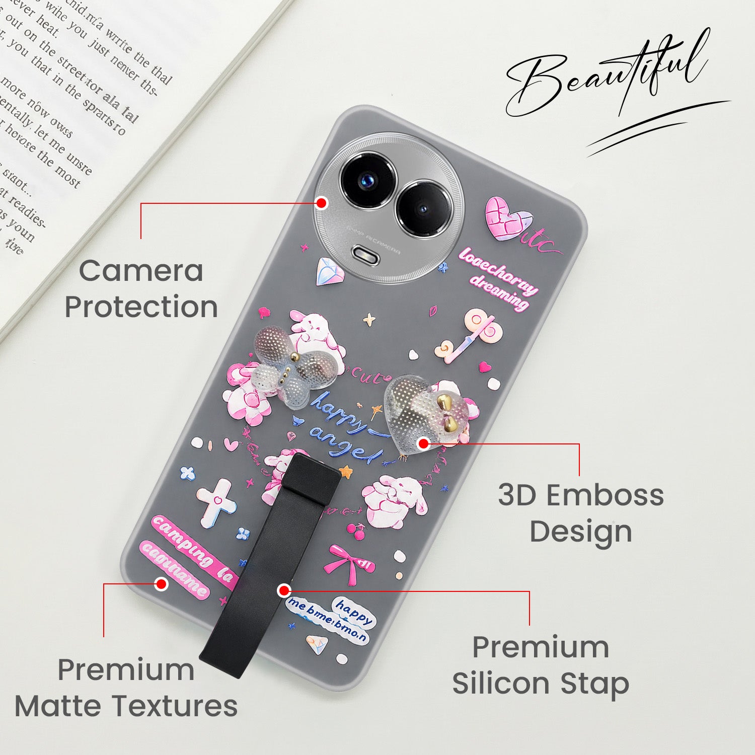 For Realme C67 Back Cover Case (3D Cute Heart Strap Holder | Camera Protection | Designer Girls Print)