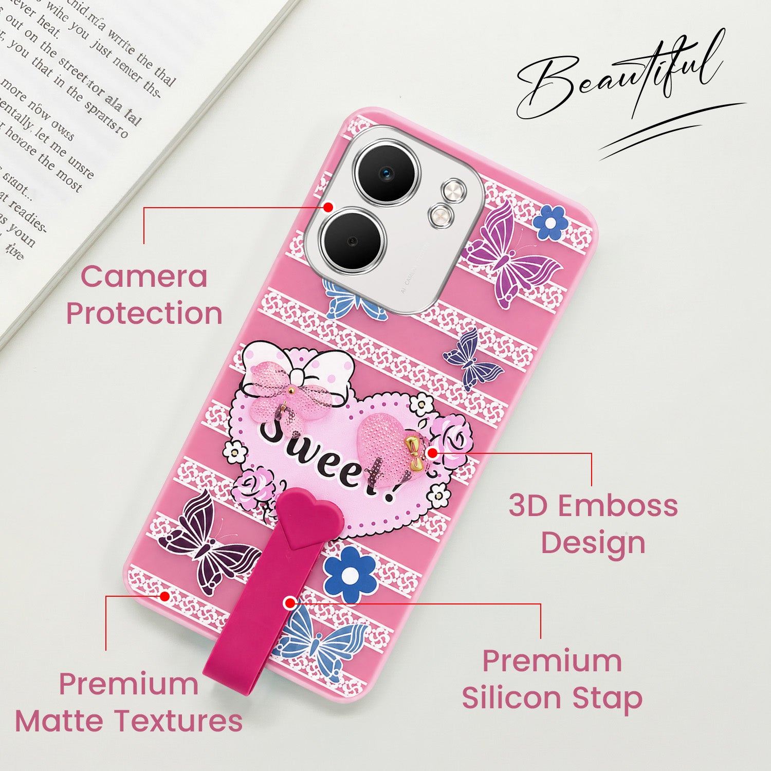 For Oppo A5X Back Cover Case (3D Cute Heart Strap Holder | Camera Protection | Designer Girls Print)