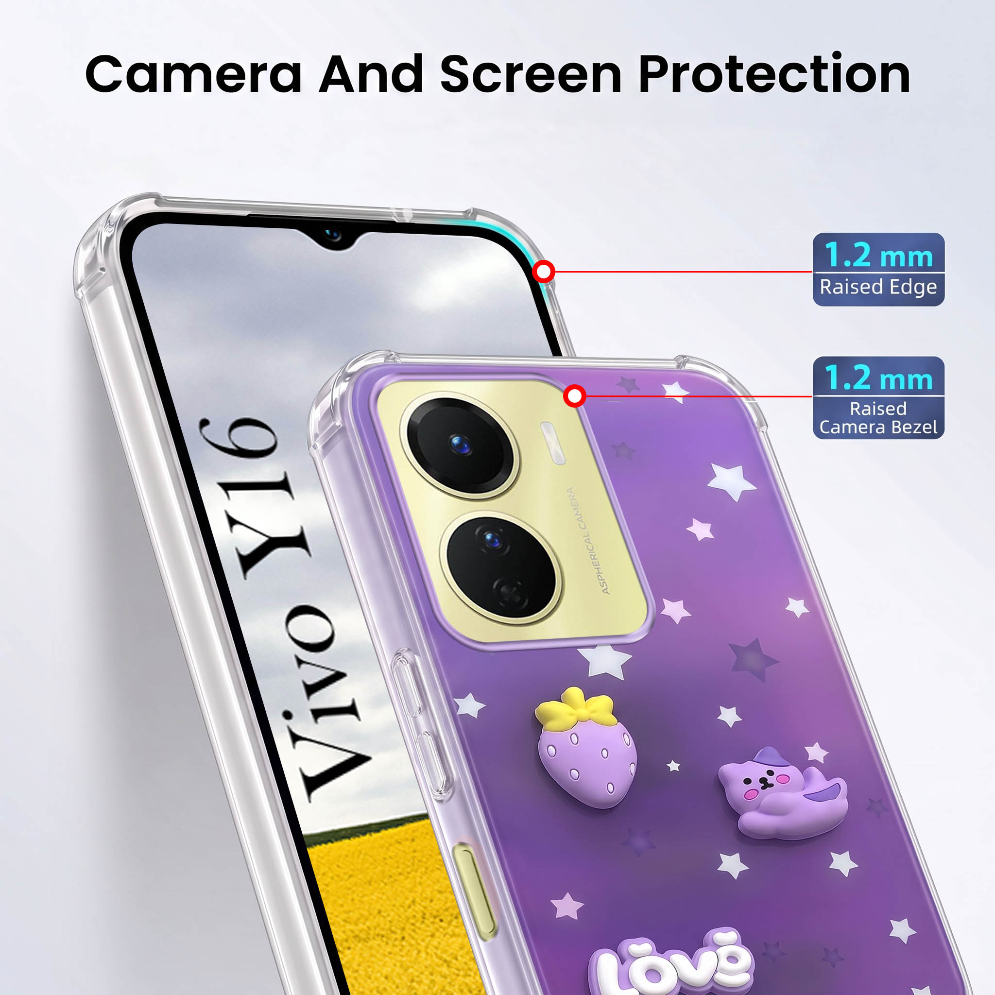For Vivo Y16 Back Cover Case (3D Cute Cartoons | Hard Back Side Soft | Matte Premium Finish | HD Printing)