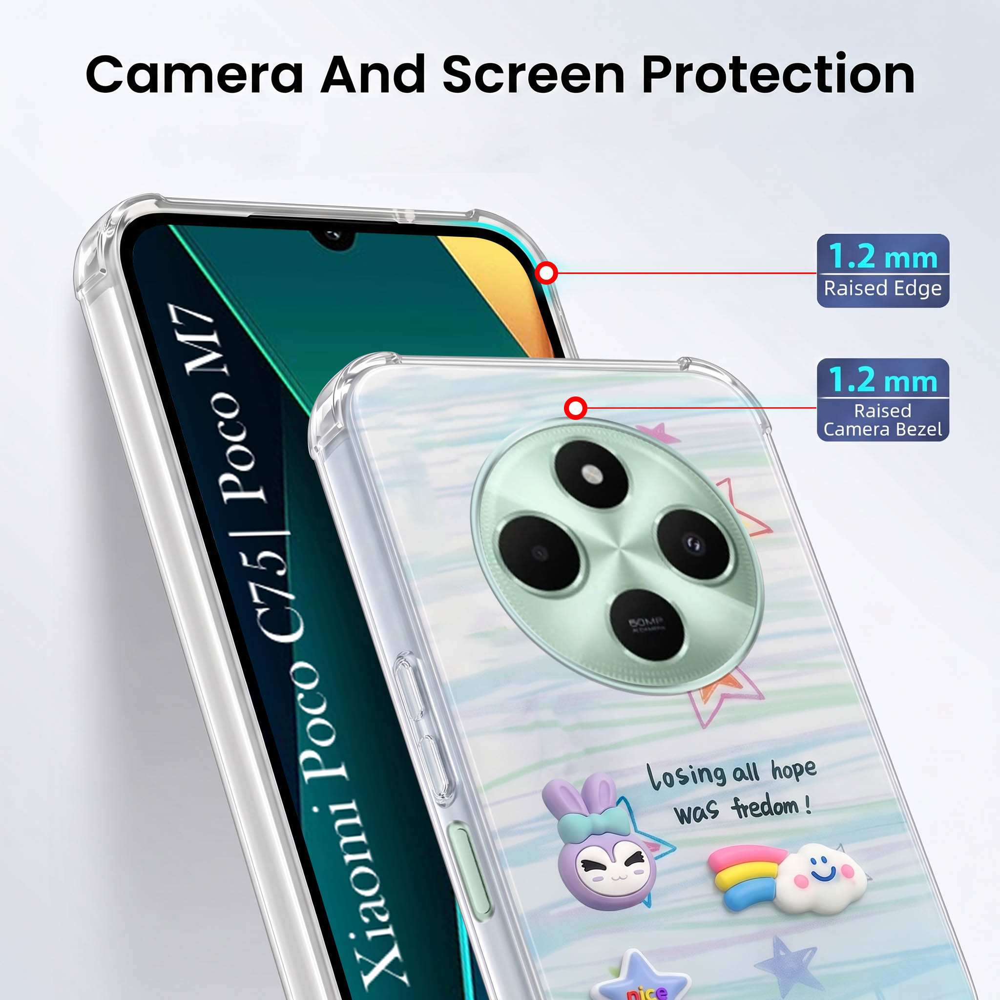 For Poco C75 | Poco M7 Back Cover Case (3D Cute Cartoons | Hard Back Side Soft | Matte Premium Finish | HD Printing)