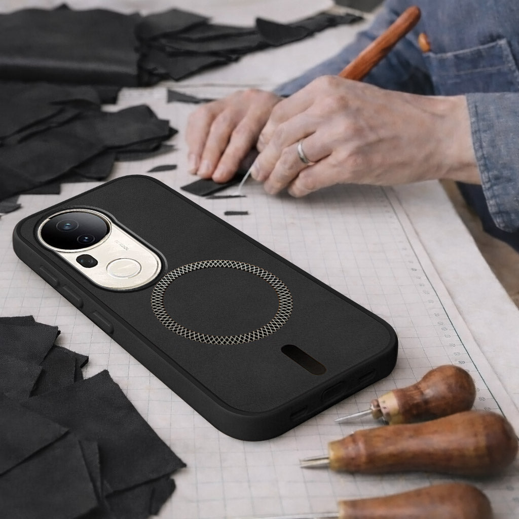 For Vivo T4 Ultra Back Cover Case Leather Finish (MagSafe Compatible Wireless Charging | Soft Touch | Camera Bump Protection)