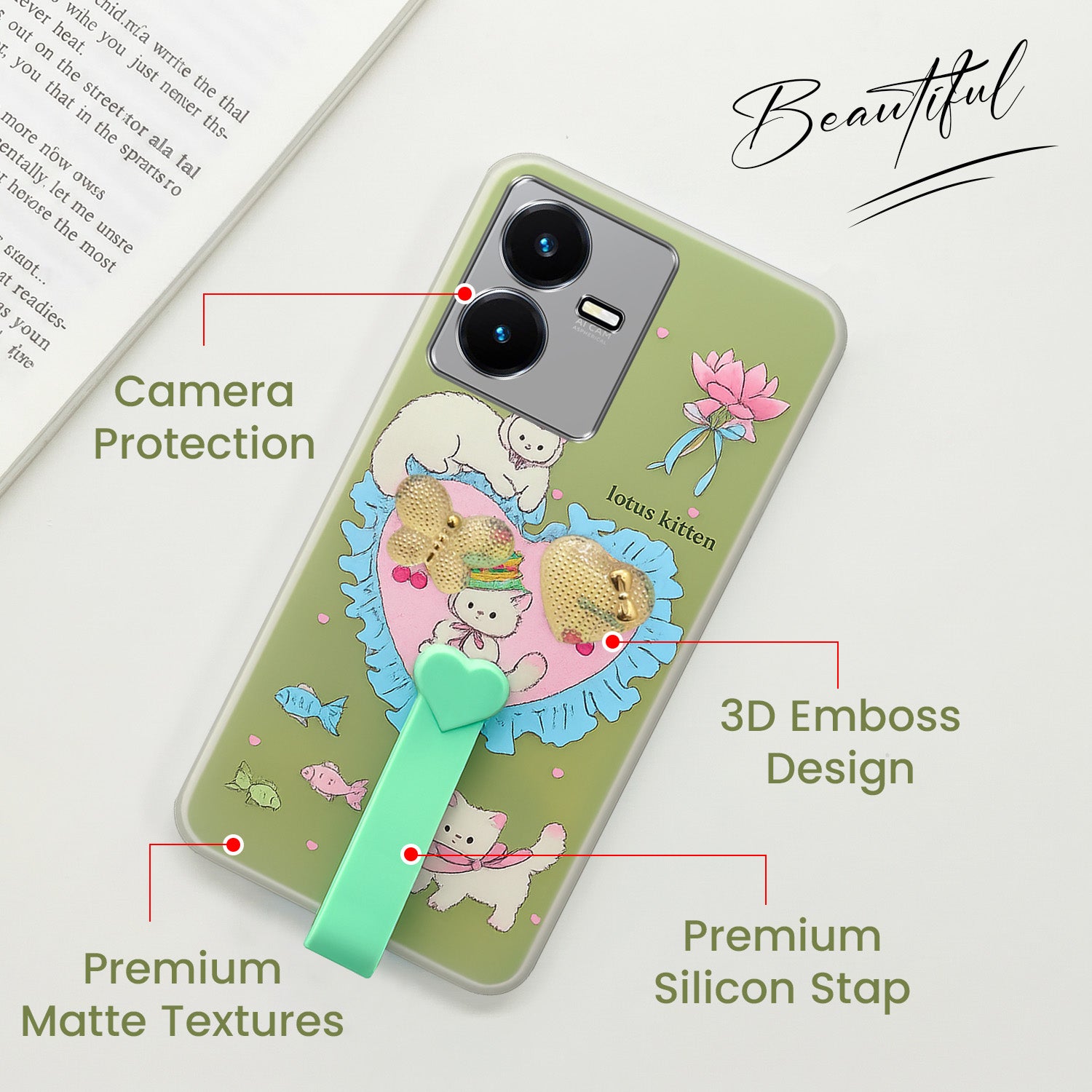For Vivo Y22 | Vivo Y22s Back Cover Case (3D Cute Heart Strap Holder | Camera Protection | Designer Girls Print)