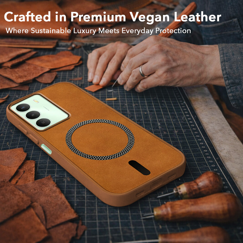 For Realme C73 Back Cover Case Leather Finish (MagSafe Compatible Wireless Charging | Soft Touch | Camera Bump Protection)