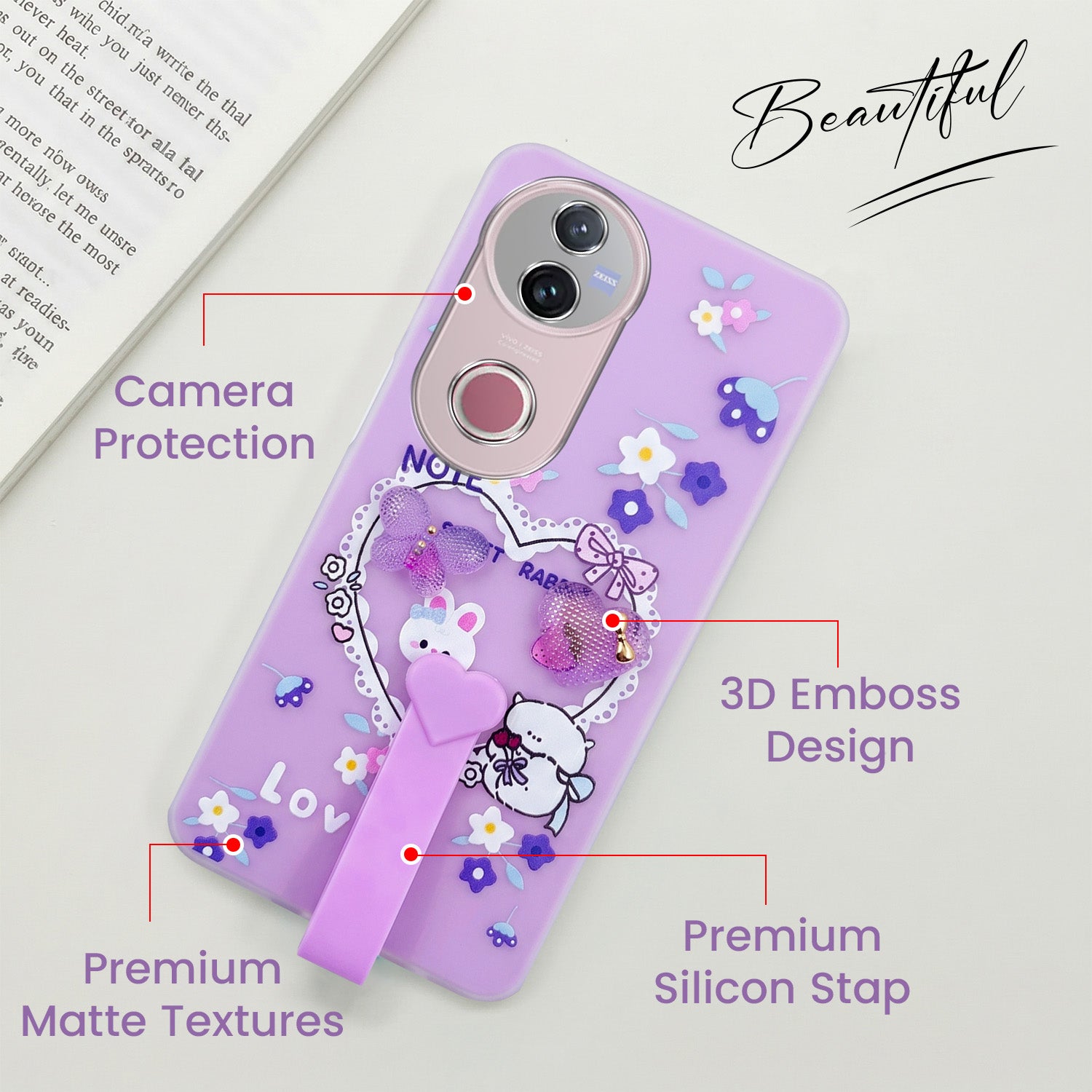 For Vivo V50 | Vivo V50e Back Cover Case (3D Cute Heart Strap Holder | Camera Protection | Designer Girls Print)