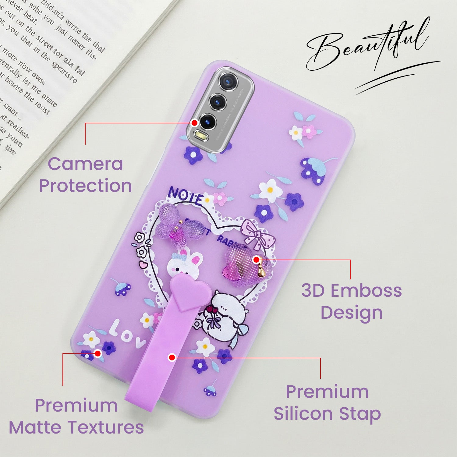 For Vivo Y20A | Y20T | Y20G Back Cover Case (3D Cute Heart Strap Holder | Camera Protection | Designer Girls Print)