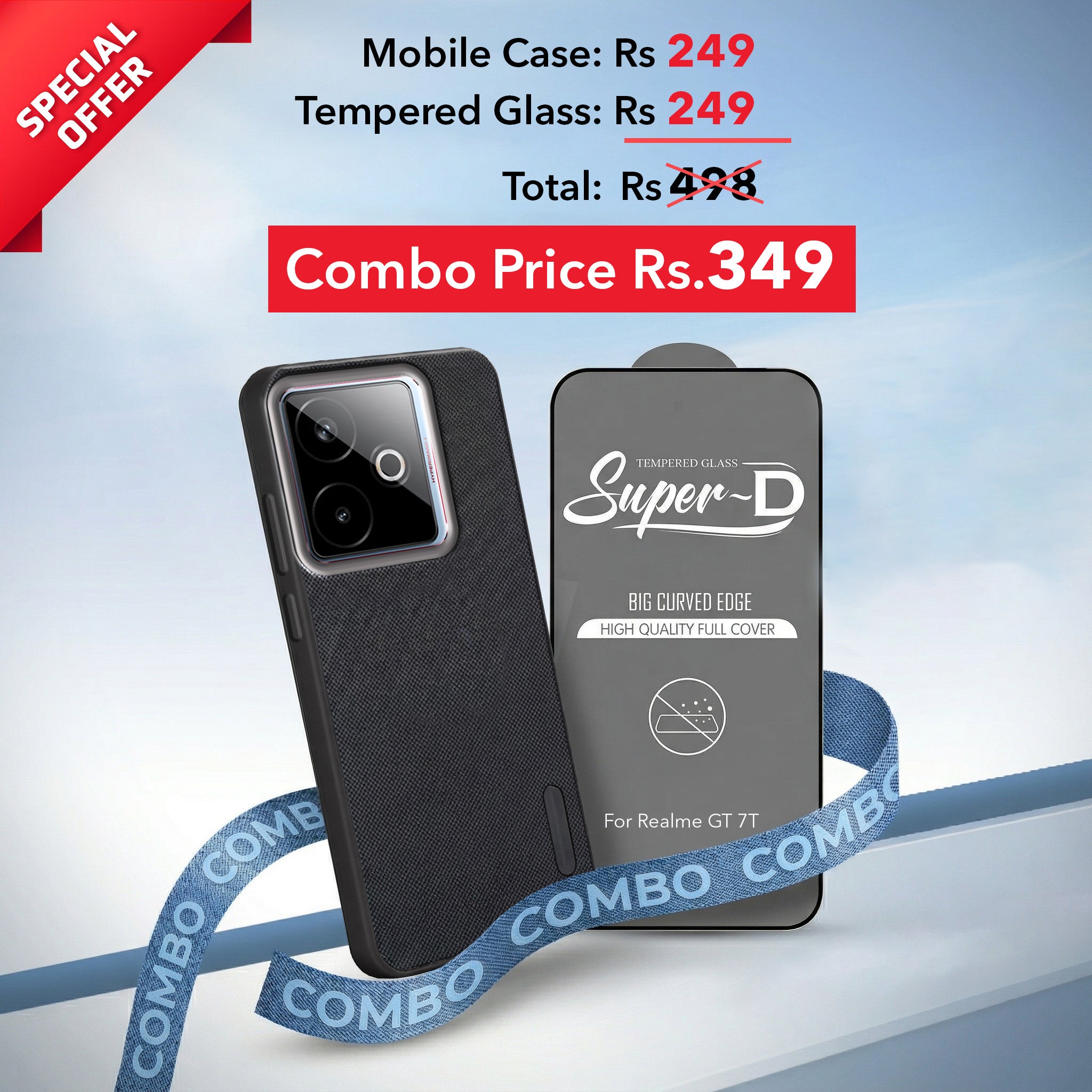 For Realme GT 7T Combo with Back Cover and 9H Tempered Glass (Textured Grip Design | Micro-Fiber Cloth Inside | Oleophobic Coating Screen Glass)
