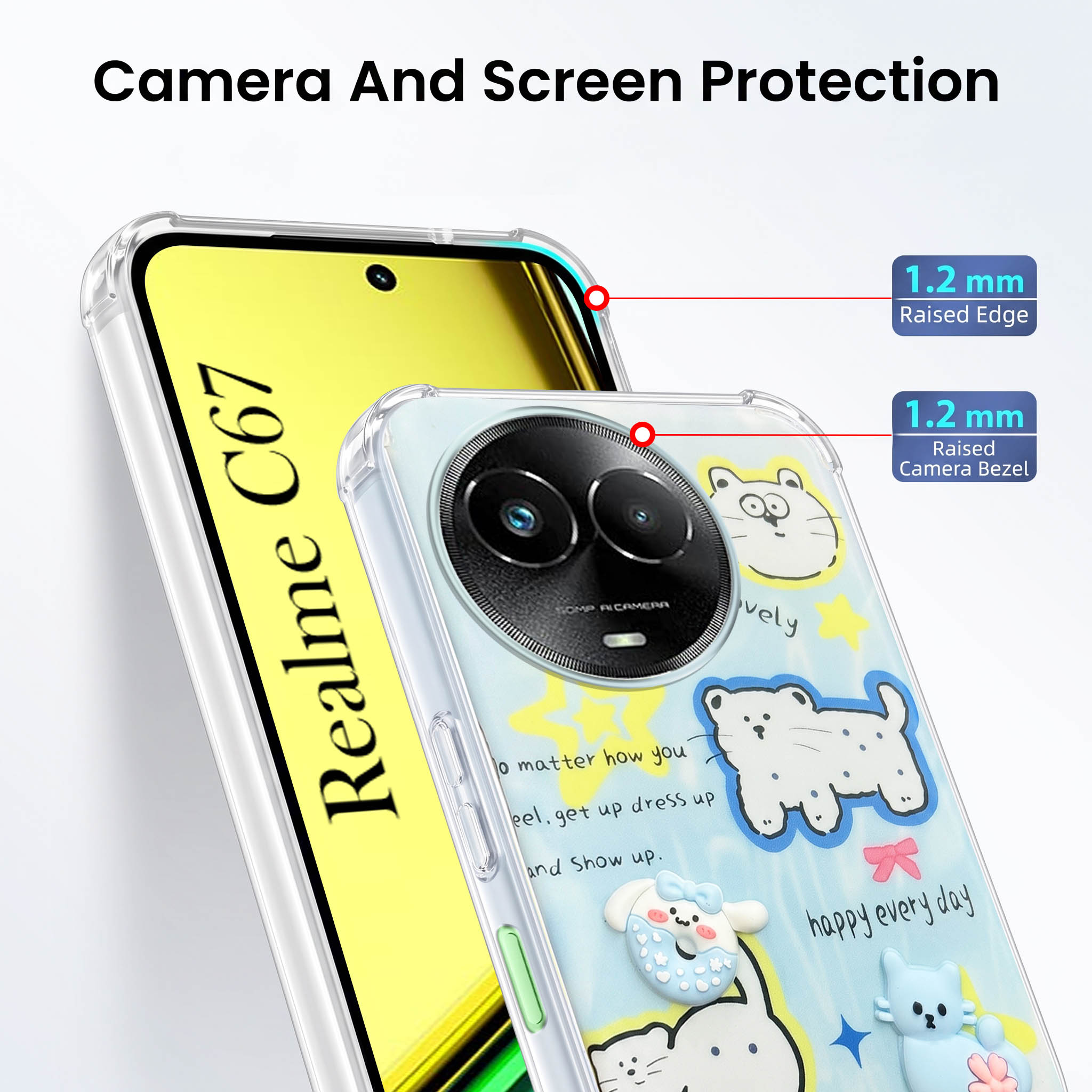 For Realme C67 Back Cover Case (3D Cute Cartoons | Hard Back Side Soft | Matte Premium Finish | HD Printing)
