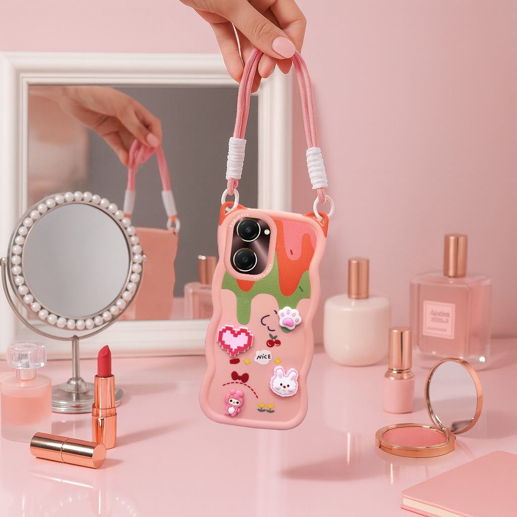 For Vivo iQOO Z9 Lite Back Case Cover Strap (3D embossed Figures | Strap Holder | 360* Soft Cushion with Camera Bump)