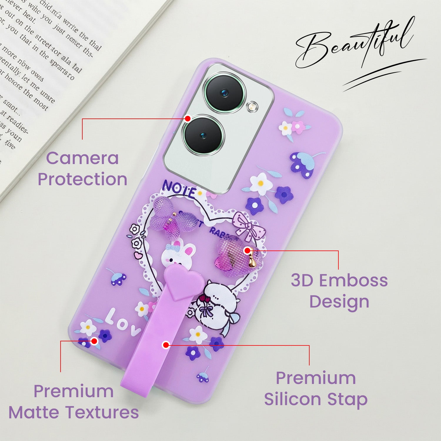 For Vivo Y18 | Y18e | Y03 | Y18i | Y18t Back Cover Case (3D Cute Heart Strap Holder | Camera Protection | Designer Girls Print)