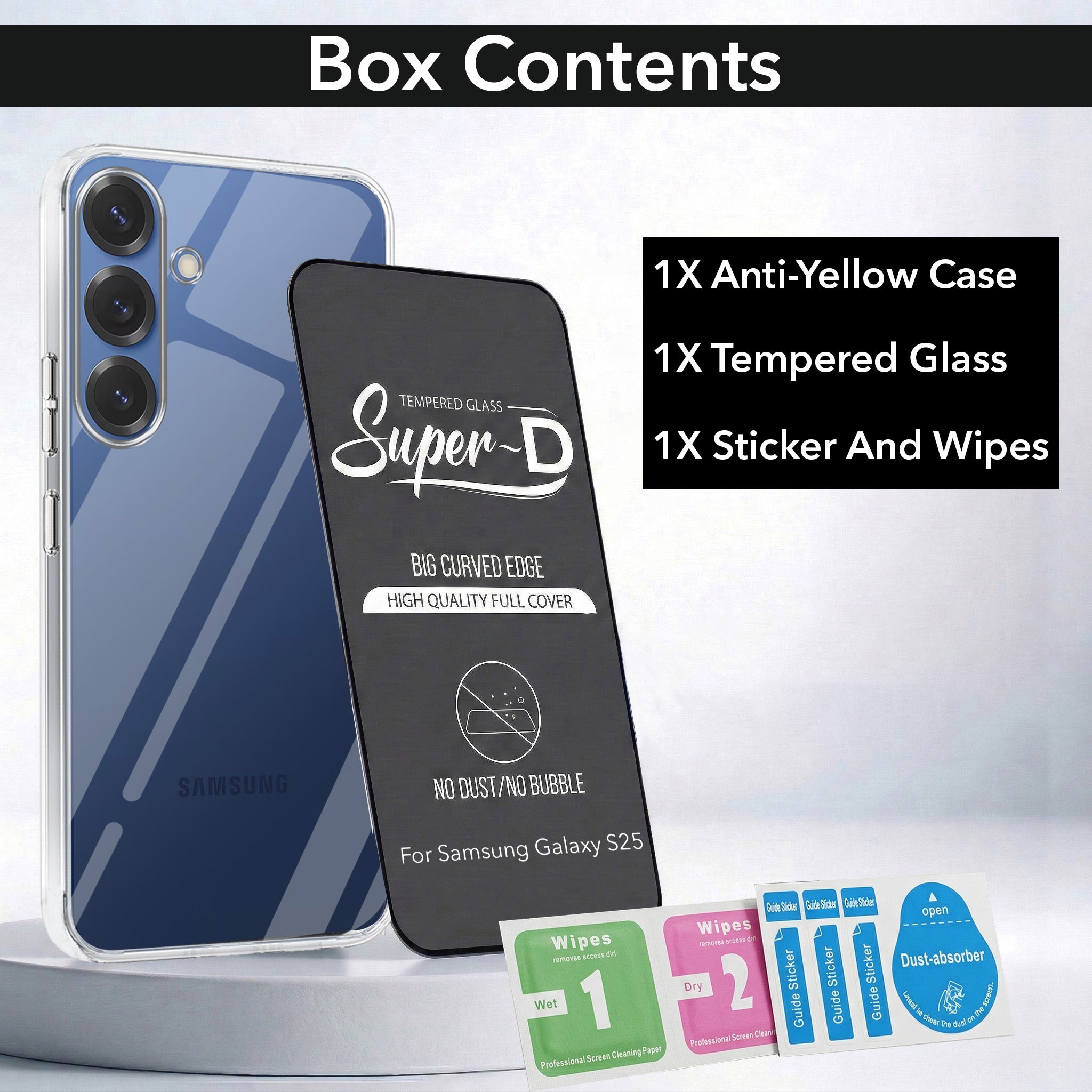 For Samsung Galaxy S25 Combo with Back Cover and 9H Tempered Glass (Lifetime Anti-Yellow | Sleek Hard Crystal | Oleophobic Coating Screen Glass)