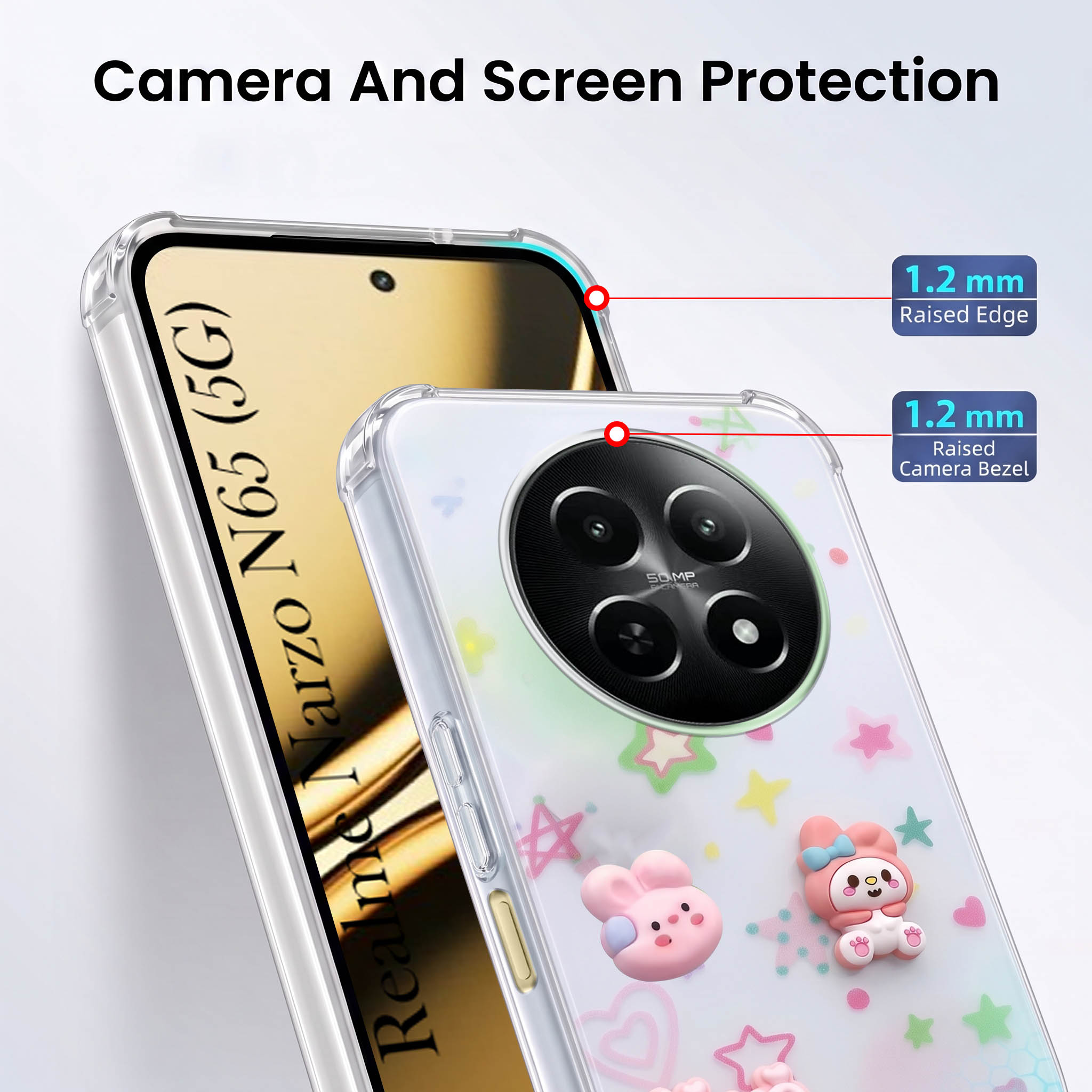 For Realme Narzo N65 5G Back Cover Case (3D Cute Cartoons | Hard Back Side Soft | Matte Premium Finish | HD Printing)