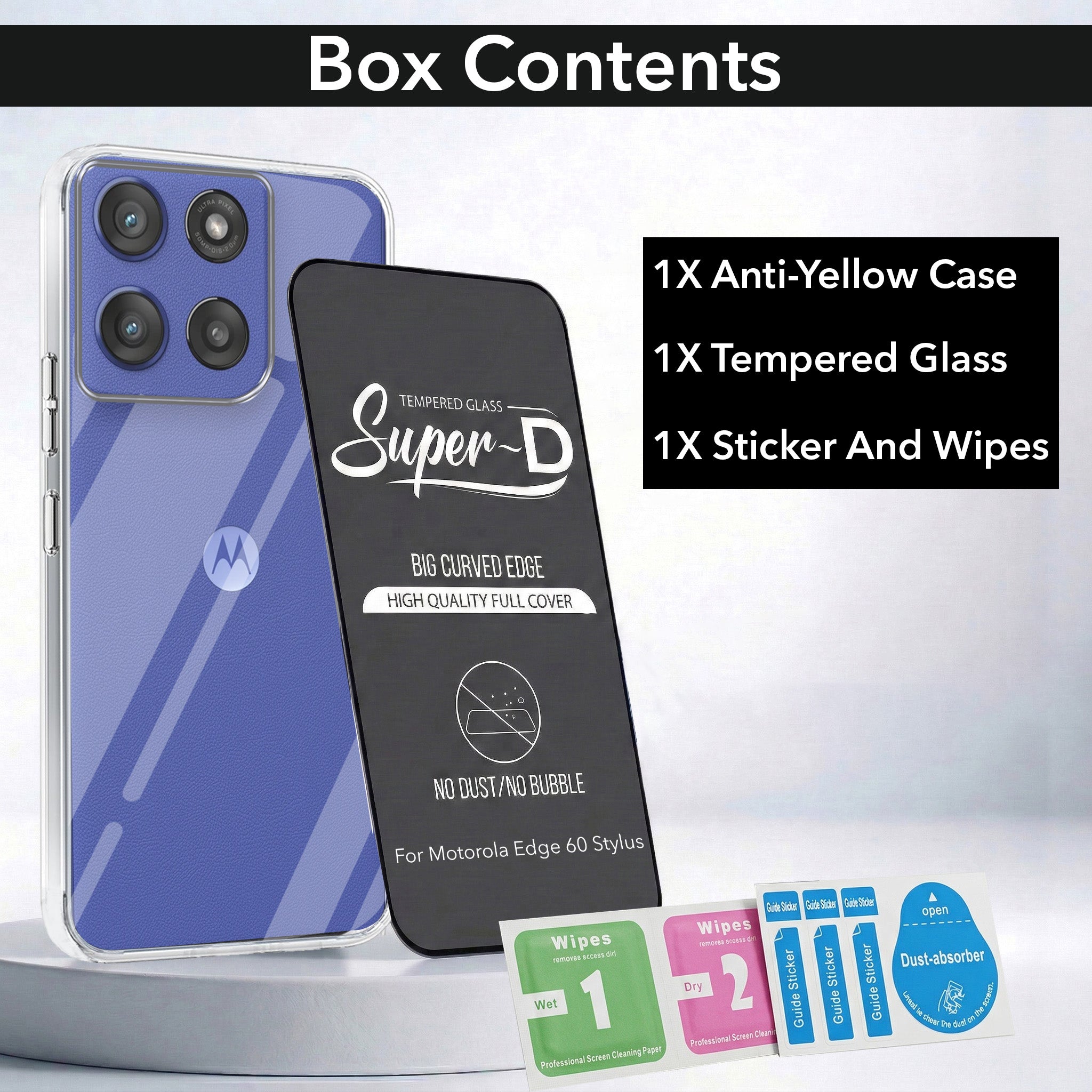 For  Motorola Moto Edge 60 Stylus Combo with Back Cover and 9H Tempered Glass (Lifetime Anti-Yellow | Sleek Hard Crystal | Oleophobic Coating Screen Glass)