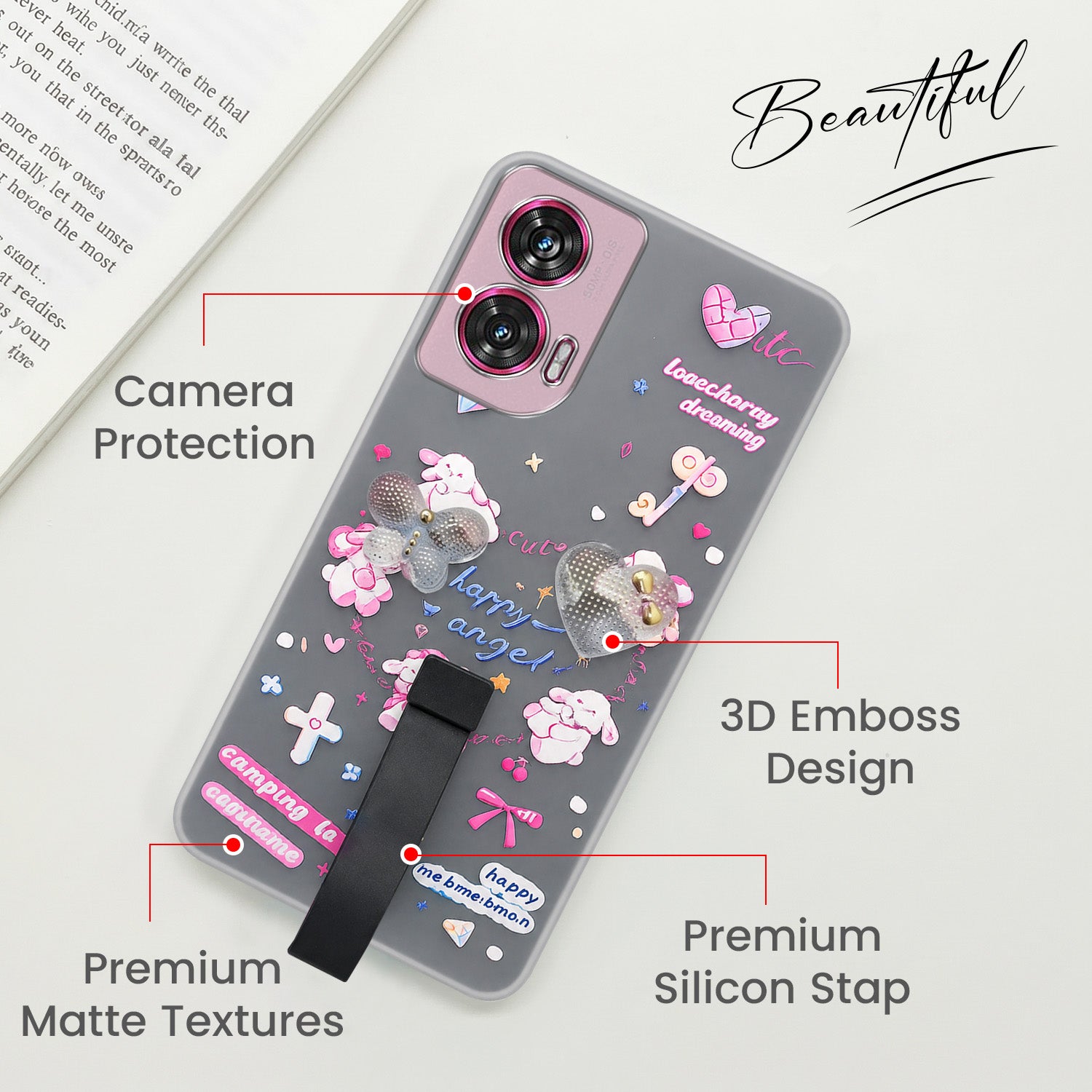 For Motorola Moto Edge 50 Fusion Back Cover Case (3D Cute Heart Strap Holder | Camera Protection | Designer Girls Print)