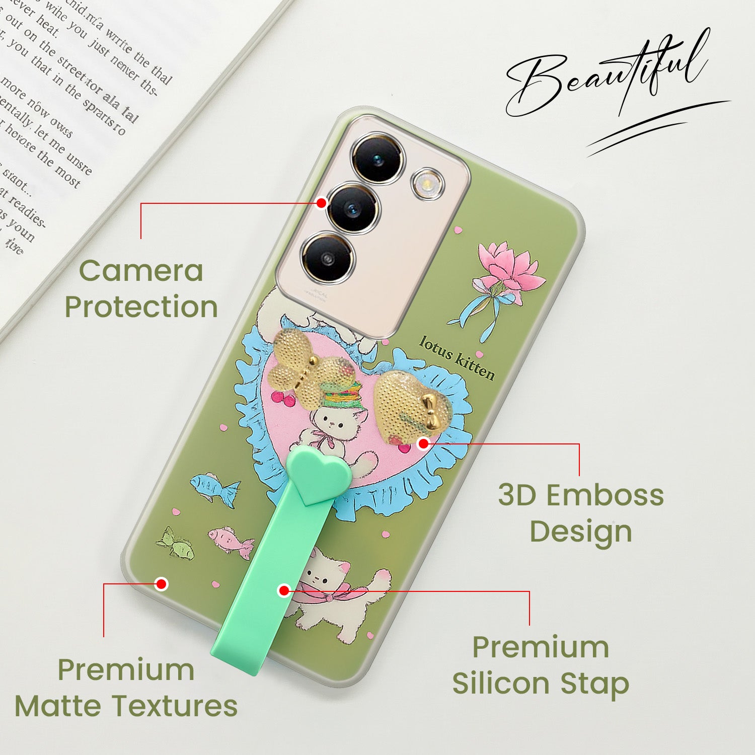 For Vivo Y200e Back Cover Case (3D Cute Heart Strap Holder | Camera Protection | Designer Girls Print)