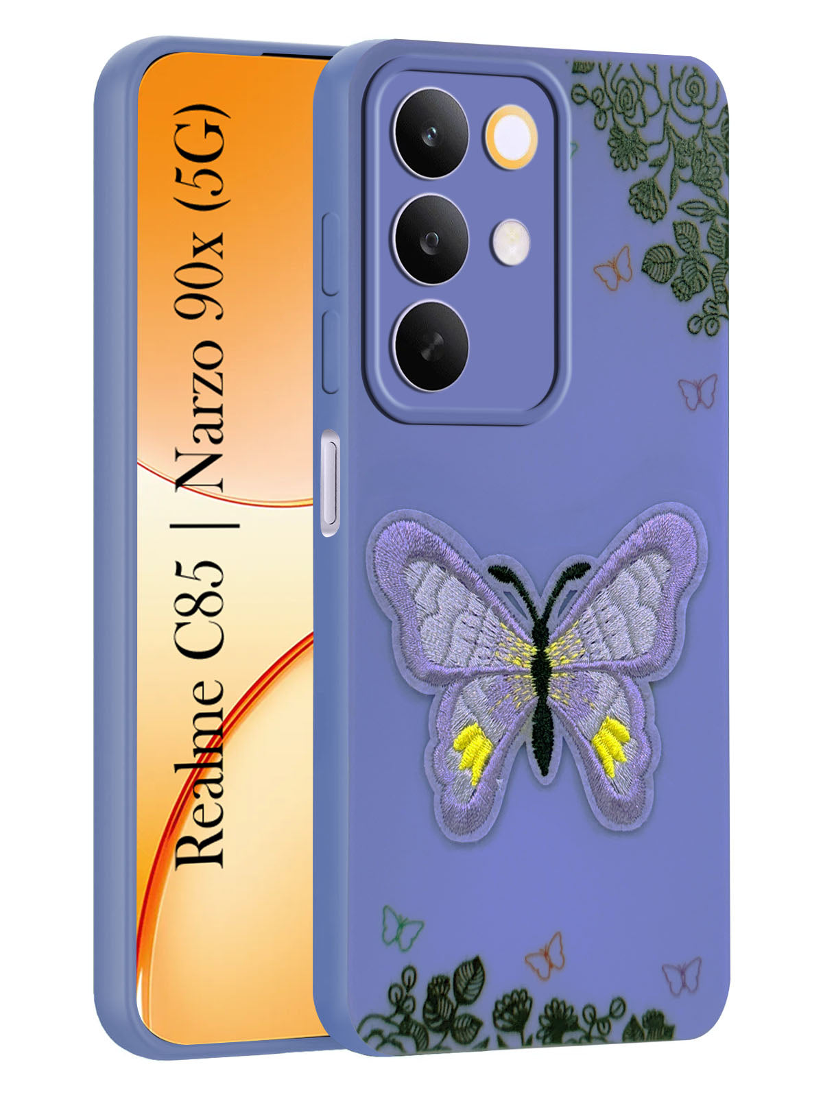 For Realme C85 5G | Realme Narzo 90x Back Cover Case (Soft Butterfly Embroidery | Women Teen Girls | Camera Protection| Matte Silicone)