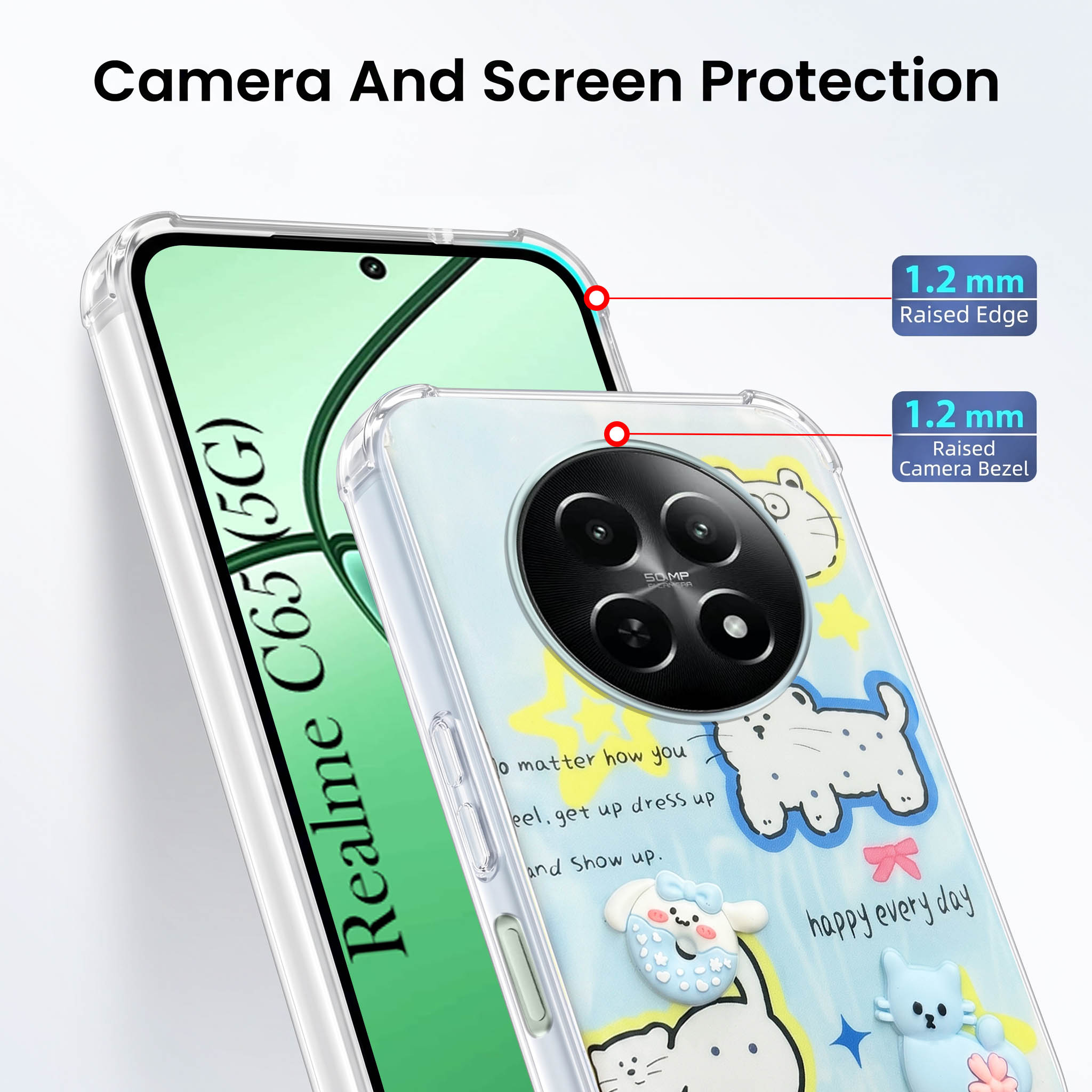 For Realme C65 5G Back Cover Case (3D Cute Cartoons | Hard Back Side Soft | Matte Premium Finish | HD Printing)