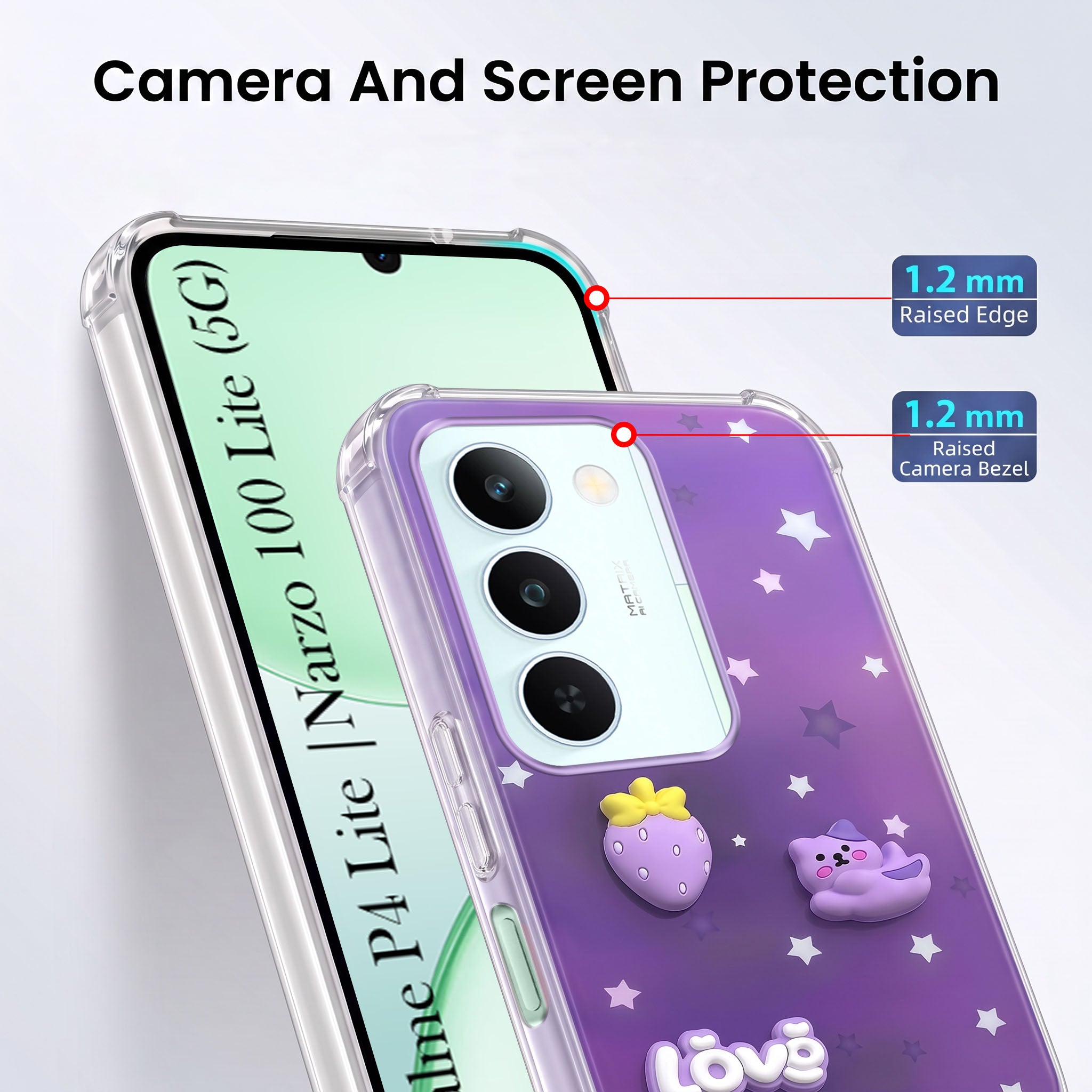 For Realme P4 Lite 5G | Realme Narzo 100 Lite 5G Back Cover Case (3D Cute Cartoons | Hard Back Side Soft | Matte Premium Finish | HD Printing)