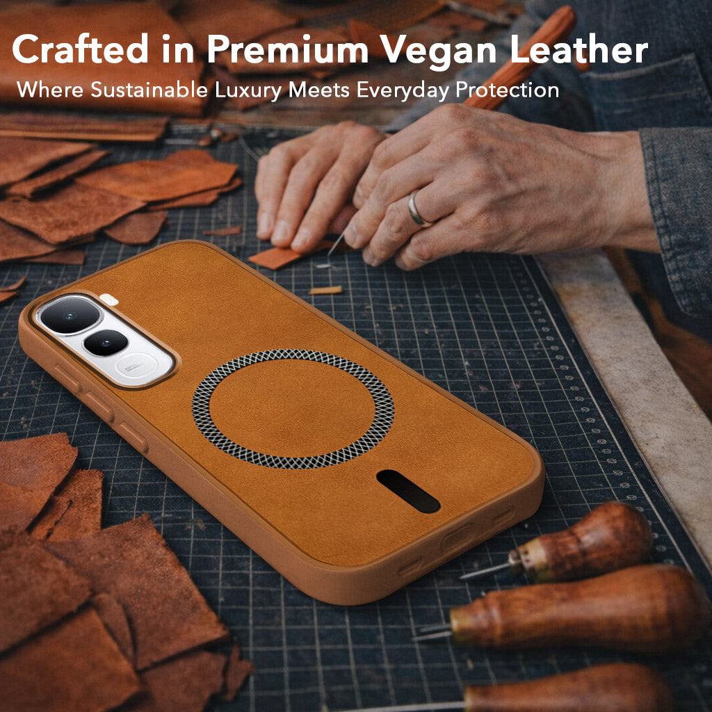 For Vivo Y400 Back Cover Case Leather Finish (MagSafe Compatible Wireless Charging | Soft Touch | Camera Bump Protection)