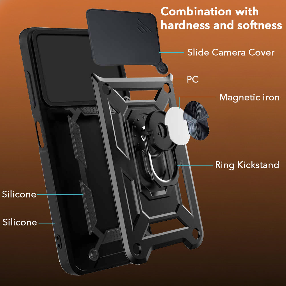 For iPhone 17 Pro | iPhone 18 Pro Back Cover Case Hybrid Armor (Sliding Shutter Camera Protection | Polycarbonate |Ring Holder Kickstand)
