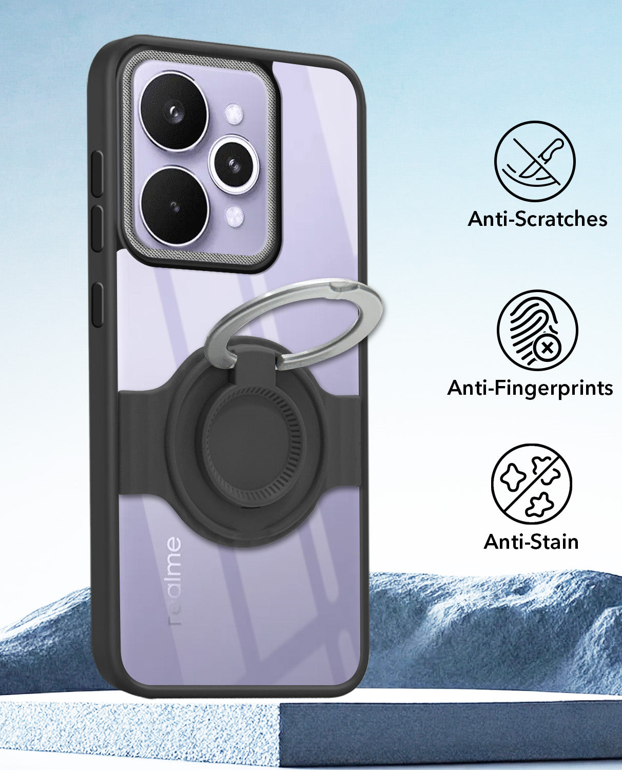 For Realme 15 Pro Back Cover Case with stand (Built-in Ring Holder Kickstand | Lifetime Anti Yellow | Camera Protection)