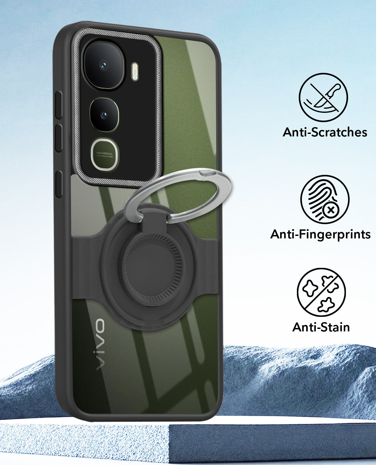 For Vivo Y400 Back Cover Case with stand (Built-in Ring Holder Kickstand | Lifetime Anti Yellow | Camera Protection)