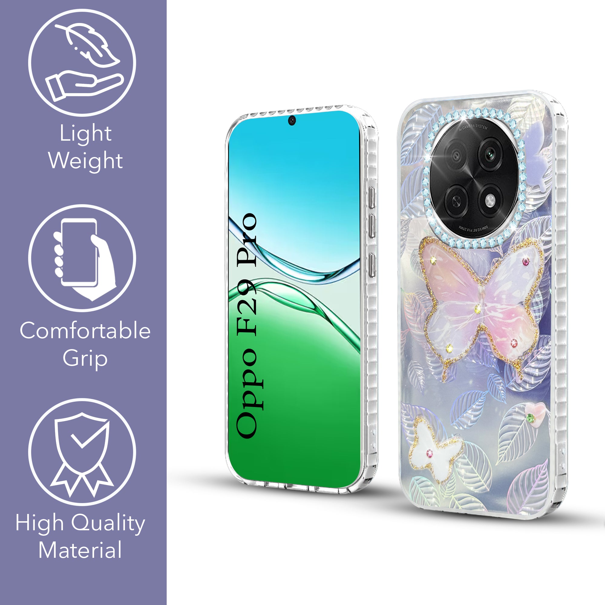 For Oppo F29 Pro Back Cover Case  (Luxury Floral Glitter Cute Butterfly | Diamond Studded Camera Bump | Girls & Women Design)