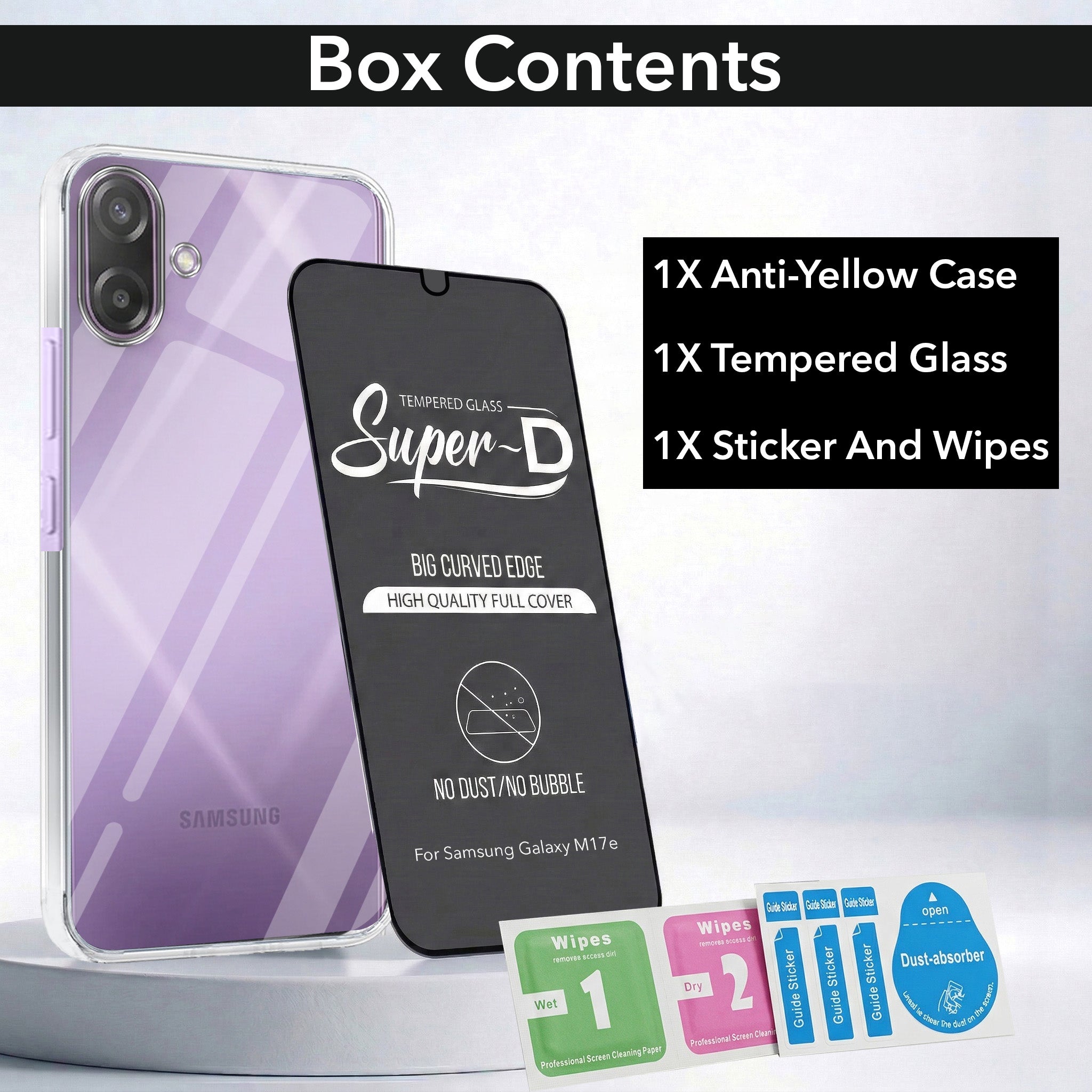 For Samsung Galaxy M17e Combo with Back Cover and 9H Tempered Glass (Lifetime Anti-Yellow | Sleek Hard Crystal | Oleophobic Coating Screen Glass)
