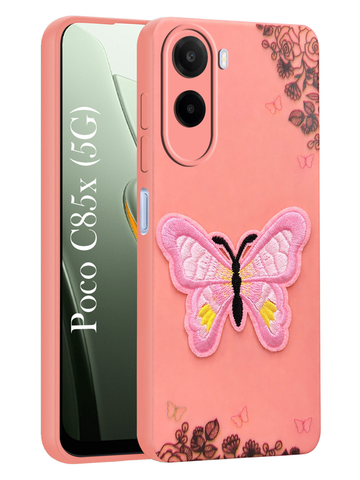 For Poco C85x 5G Back Cover Case (Soft Butterfly Embroidery | Women Teen Girls | Camera Protection| Matte Silicone)