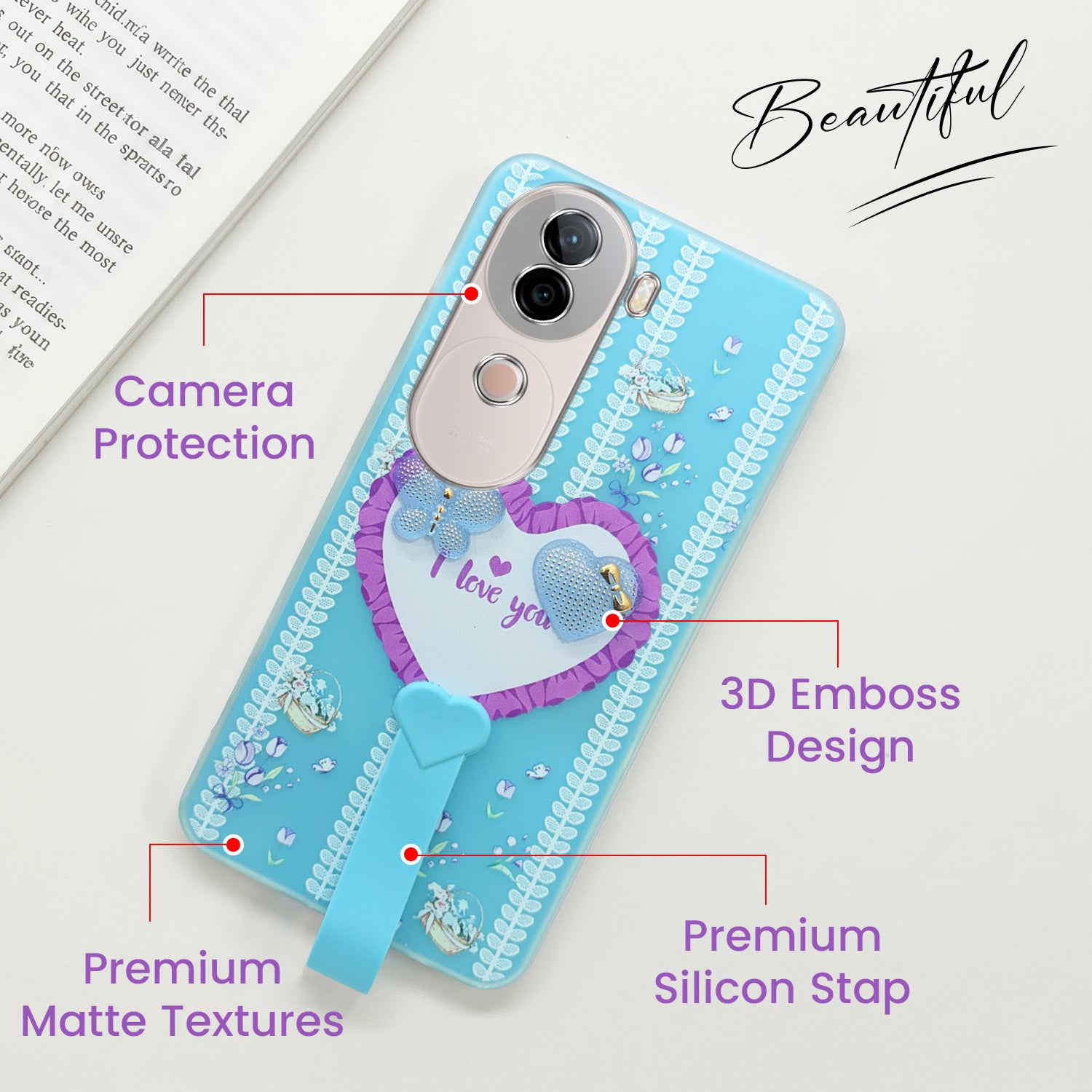 For Vivo V40e Back Cover Case (3D Cute Heart Strap Holder | Camera Protection | Designer Girls Print)