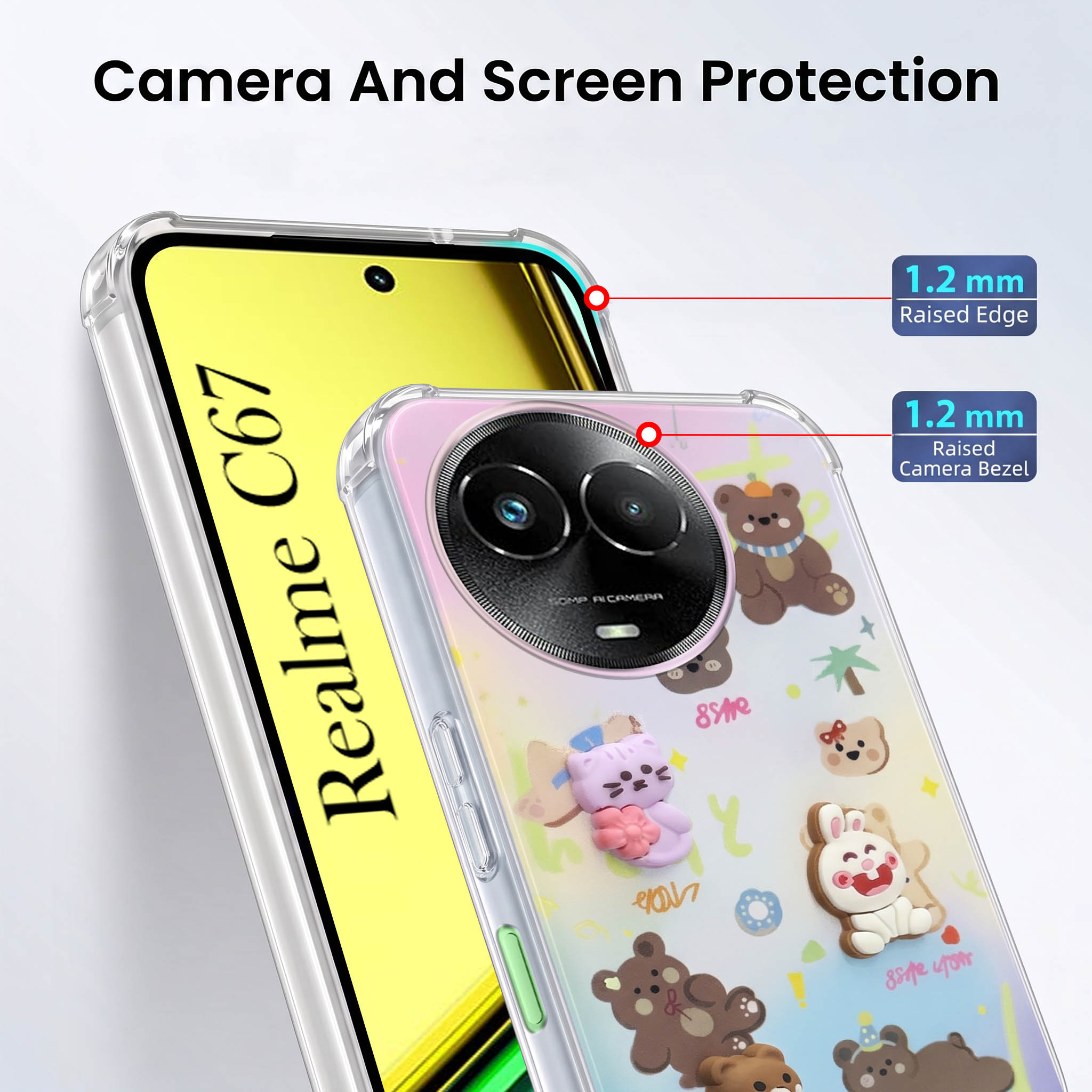 For Realme C67 Back Cover Case (3D Cute Cartoons | Hard Back Side Soft | Matte Premium Finish | HD Printing)