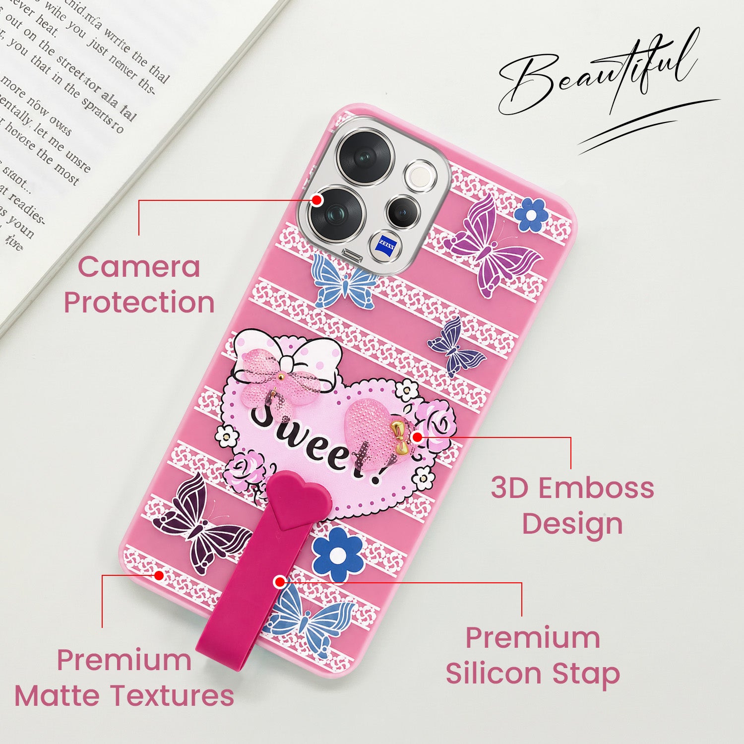 For Vivo V70 | Vivo V70 Elite 5G Back Cover Case (3D Cute Heart Strap Holder | Camera Protection | Designer Girls Print)