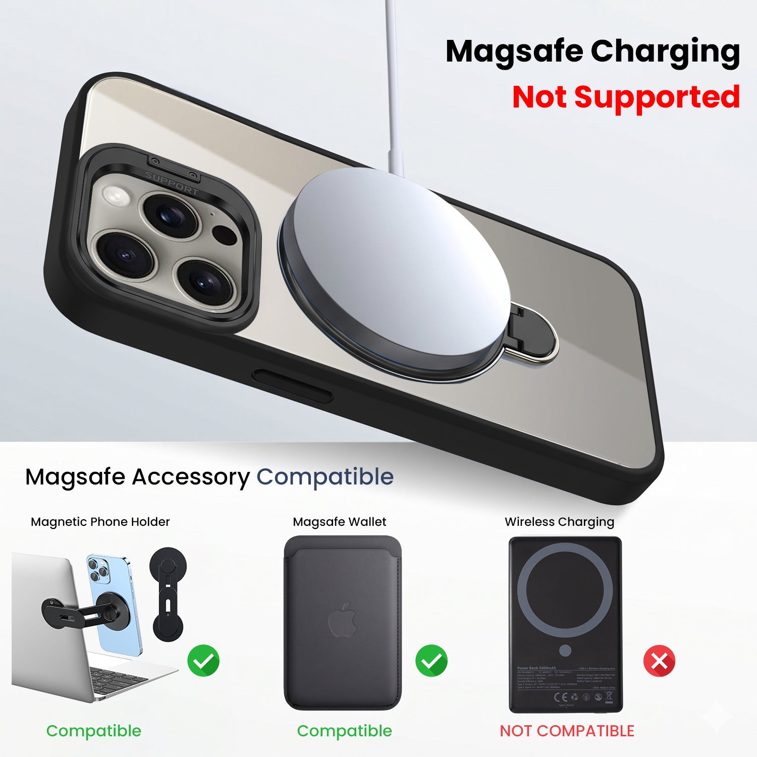 For Apple iPhone 15 Pro Max Back Cover Case Crystal (Lifetime Anti Yellow | Magnetic Ring Stand | Camera Lens Protection | MagSafe Compatible)