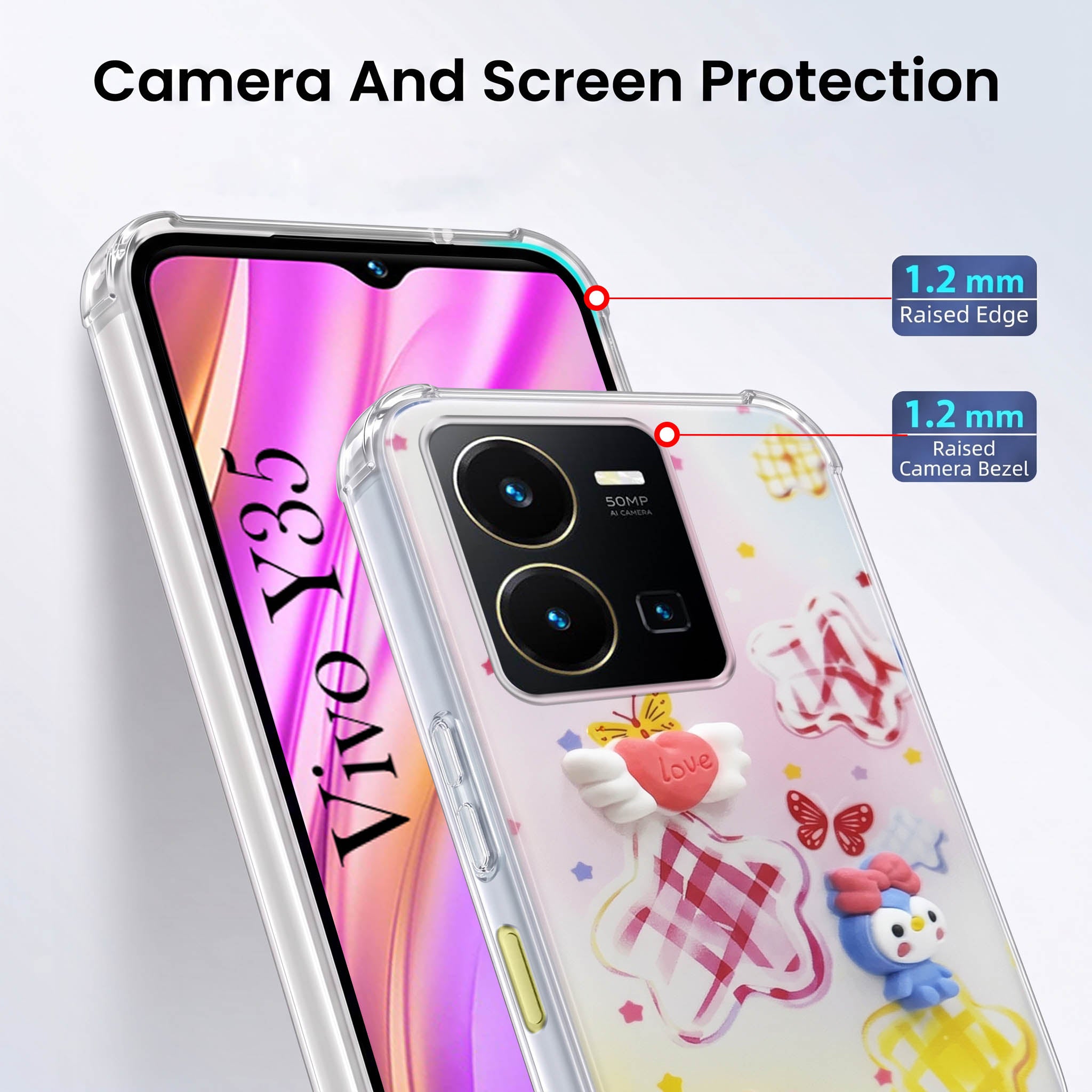 For Vivo Y35 Back Cover Case (3D Cute Cartoons | Hard Back Side Soft | Matte Premium Finish | HD Printing)