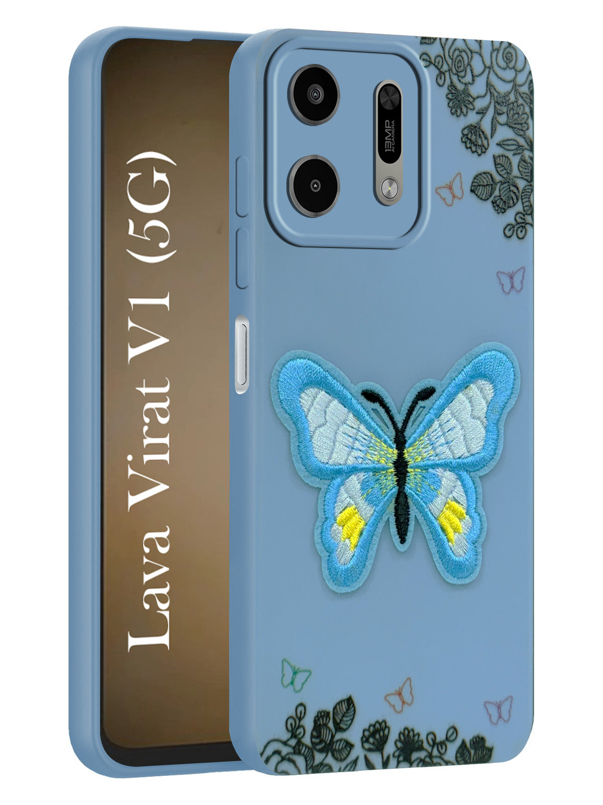 For Lava Virat V1 5G Back Cover Case (Soft Butterfly Embroidery | Women Teen Girls | Camera Protection| Matte Silicone)